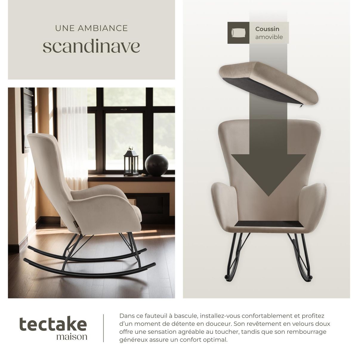 tectake Fauteuil à bascule Rembourrage épais avec revêtement en velours noir/beige