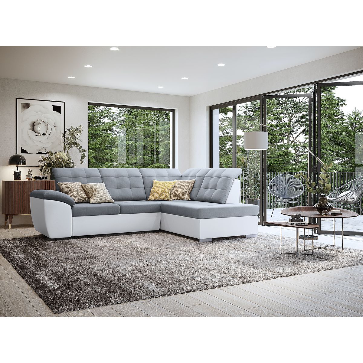 Canapé d'angle droit  convertible avec coffre et repose tête réglable en tissu gris + pu blanc RECITAL