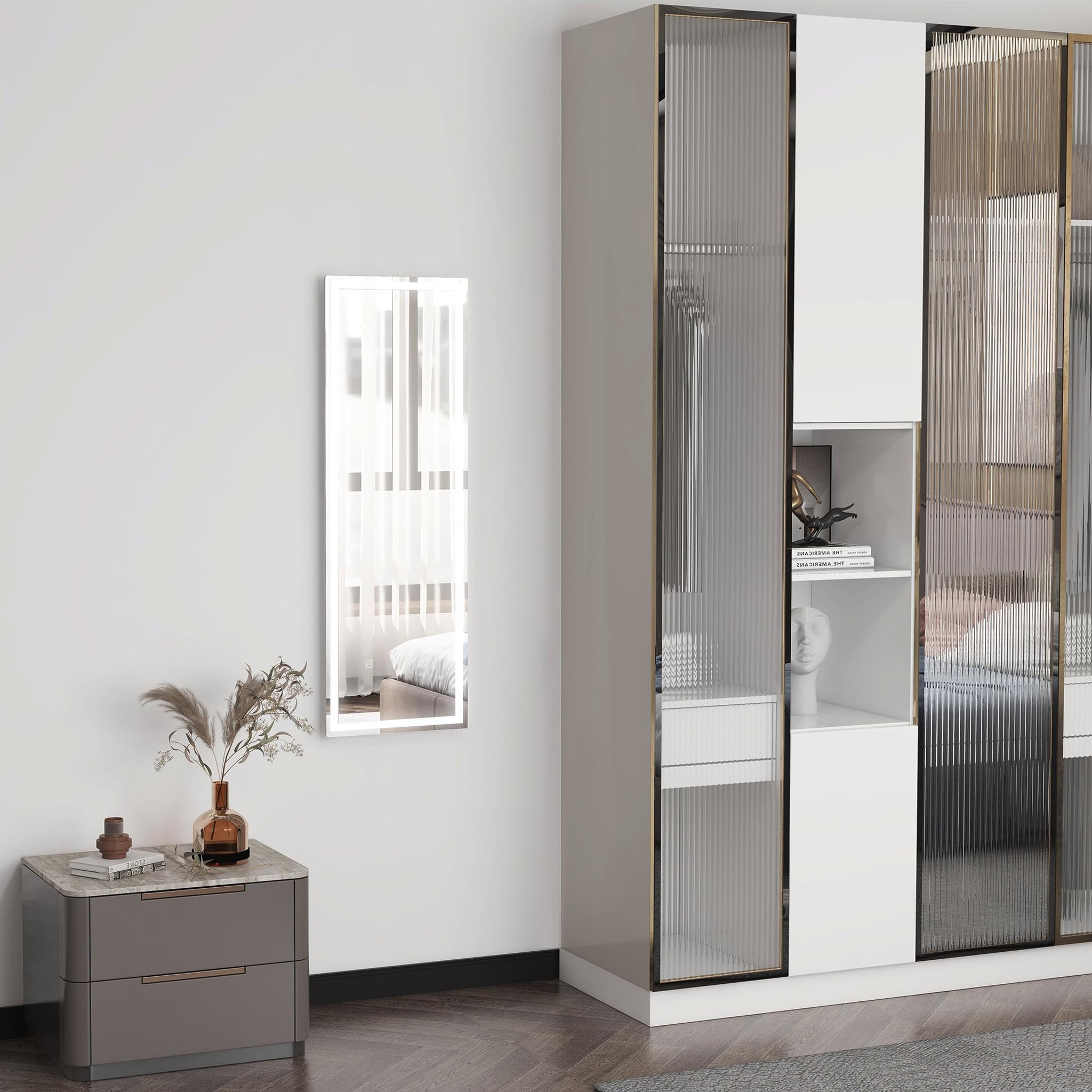 Voir la diapositive 2 : HOMCOM Miroir mural plein pied rectangulaire avec LED réglable, interrupteur tactile, verre épais 4mm, 40 x 120 cm - pour chambre, salon, salle de bain
