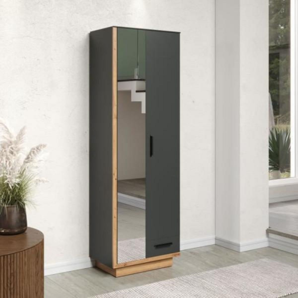 Trendteam Armoire de chambre SYNNAX - 2 Portes + 1 tiroir - Décor gris anthracite et chene miel - L65 x P40 x H198 cm - TRENDTEAM