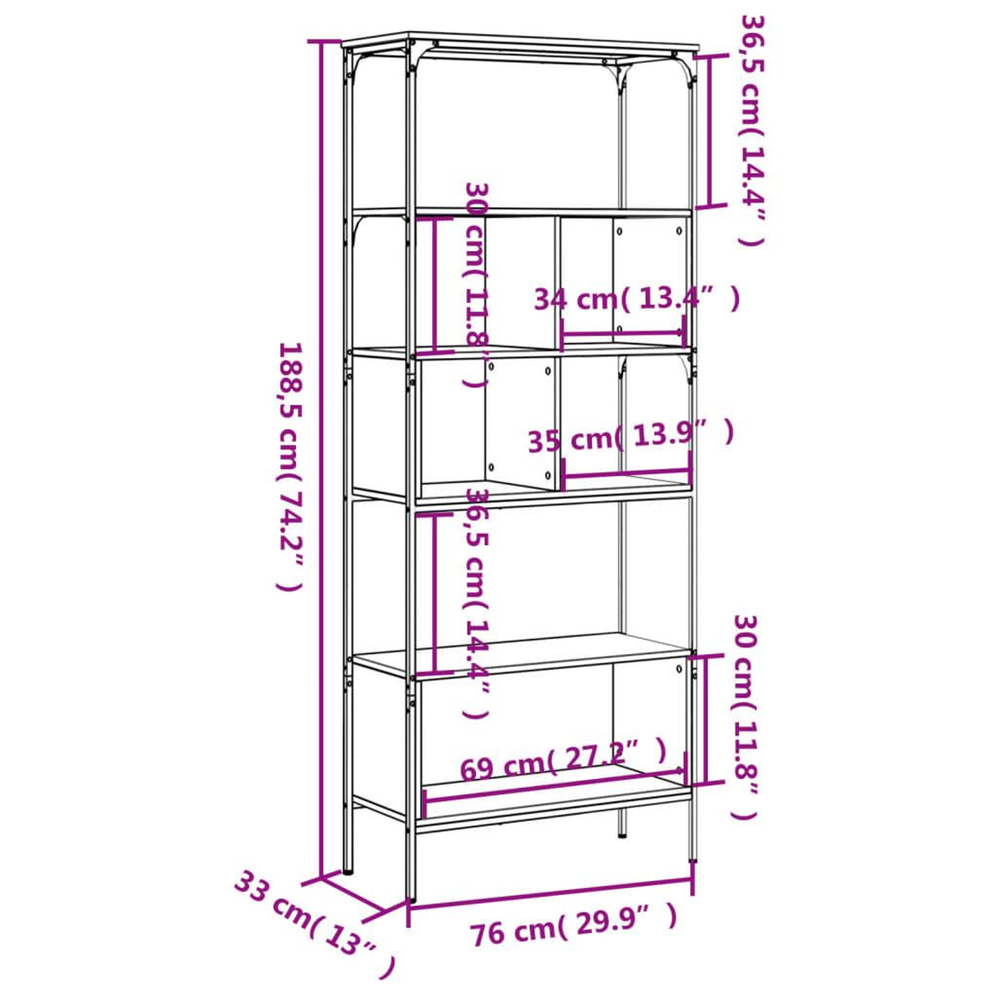 Voir la diapositive 6 : VIDAXL Bibliotheque 5 niveaux sonoma gris 76x33x188,5 cm