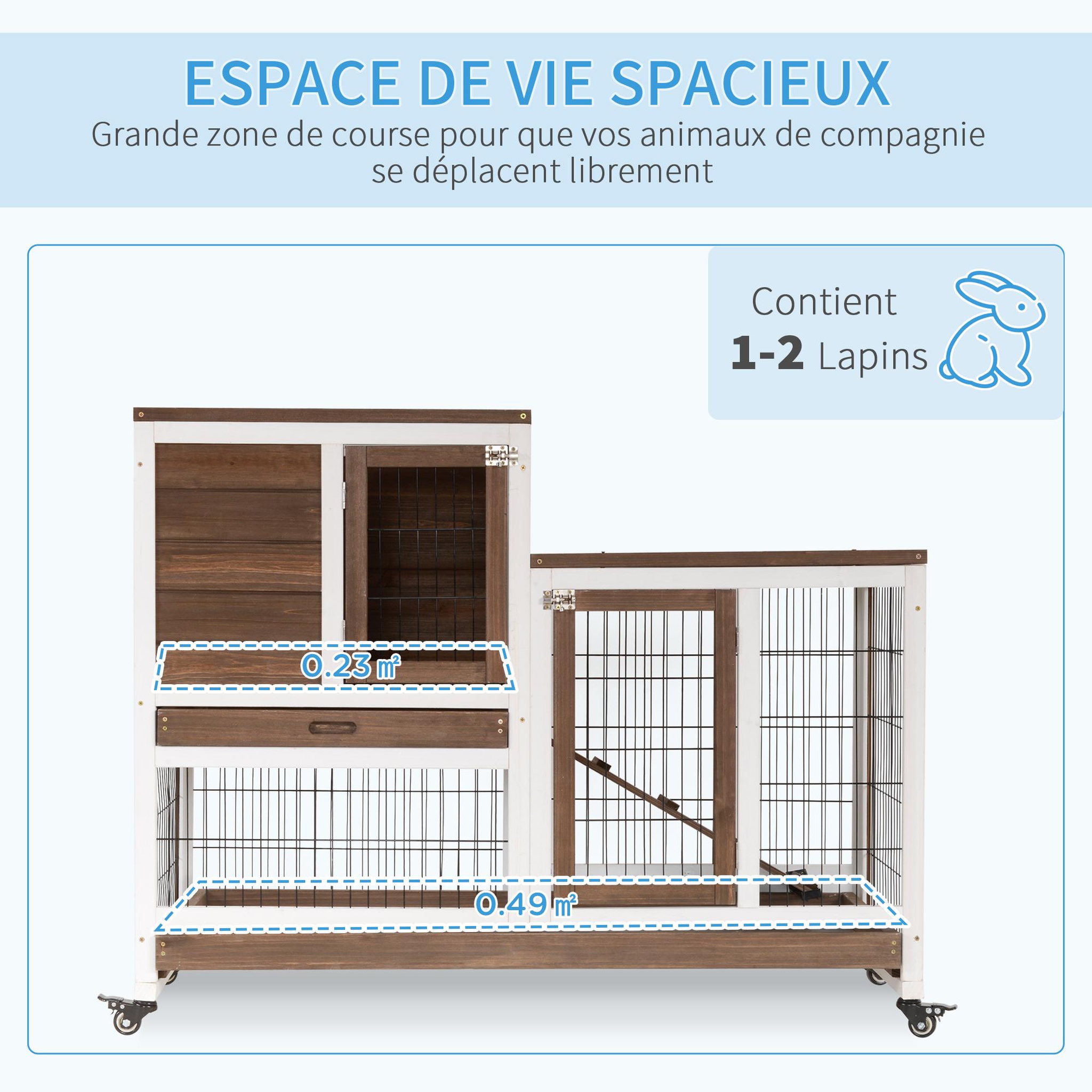 Voir la diapositive 5 : PAWHUT Clapier à lapin sur roulettes cage à lapin 2 étages 2 portes verrouillables 2 plateaux coulissants rampe bois de sapin marron blanc