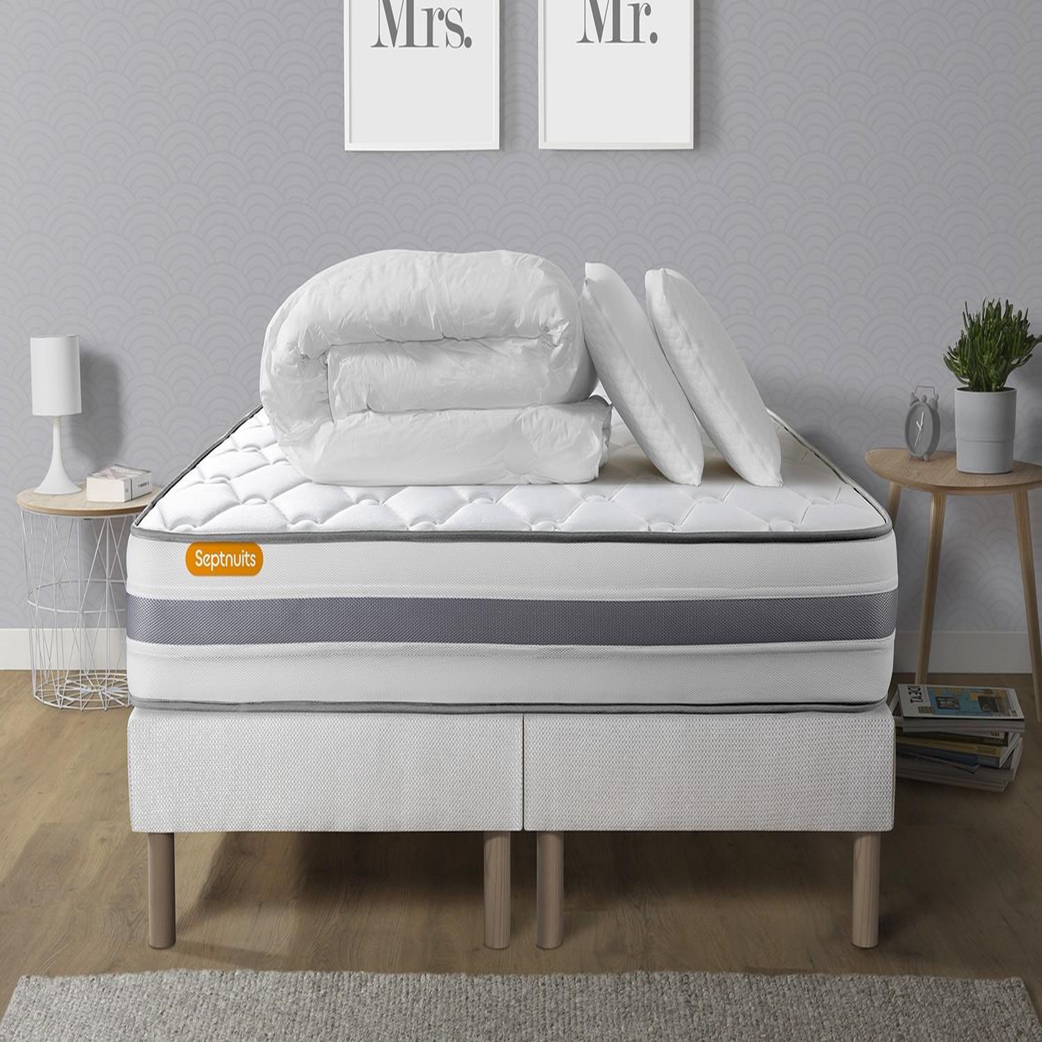 SEPTNUITS Pack matelas + double sommiers Memo Spring Ressorts ensachés 3 zones MAXI épaisseur + Couette + 2 oreillers. Coloris disponibles : Blanc