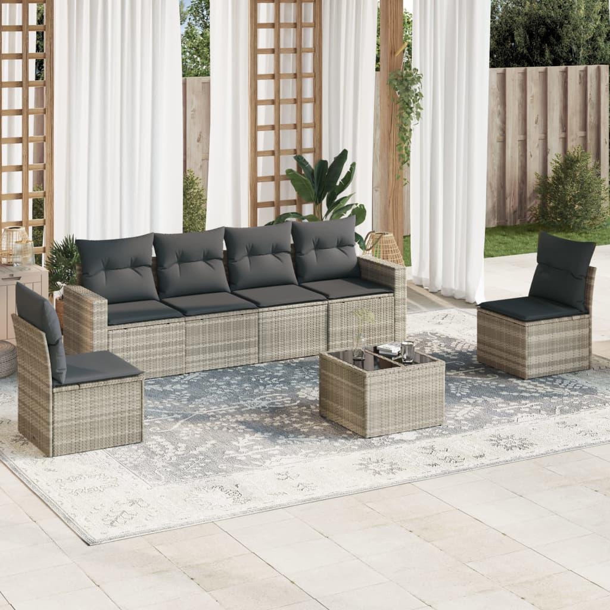 VIDAXL Salon de jardin avec coussins 7 pcs gris clair resine tressee