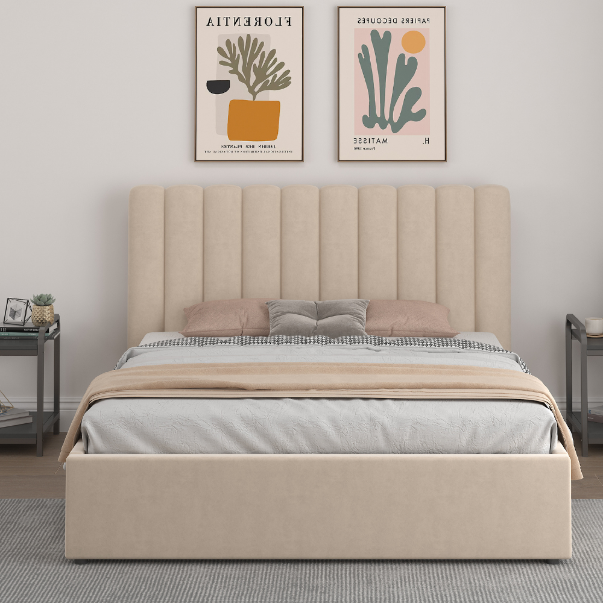 Voir la diapositive 2 : CONCEPT USINE Lit avec coffre de rangement 140x190cm velours beige savannah