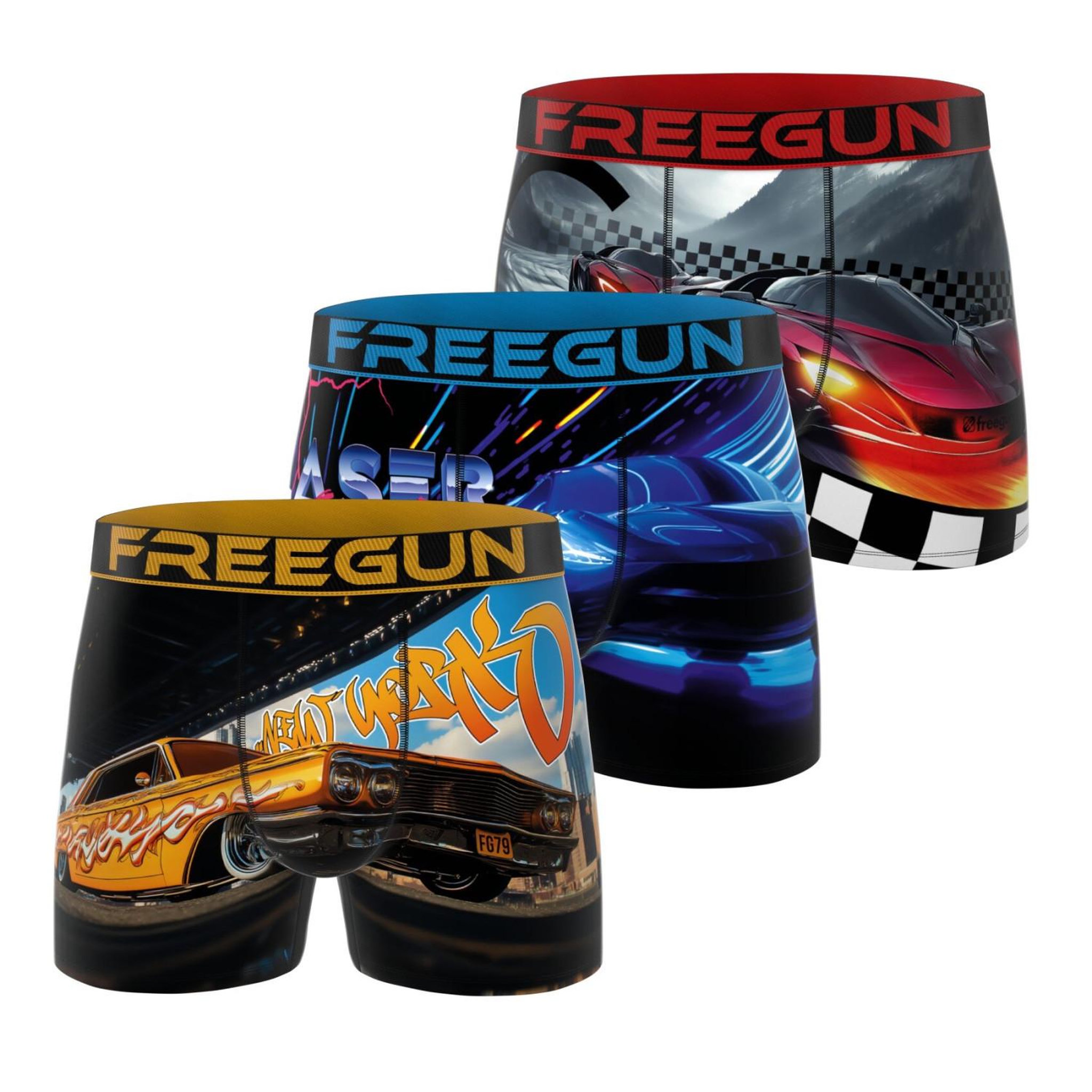 FREEGUN Lot de 3 boxers homme collection Racers. Coloris disponibles : Jaune