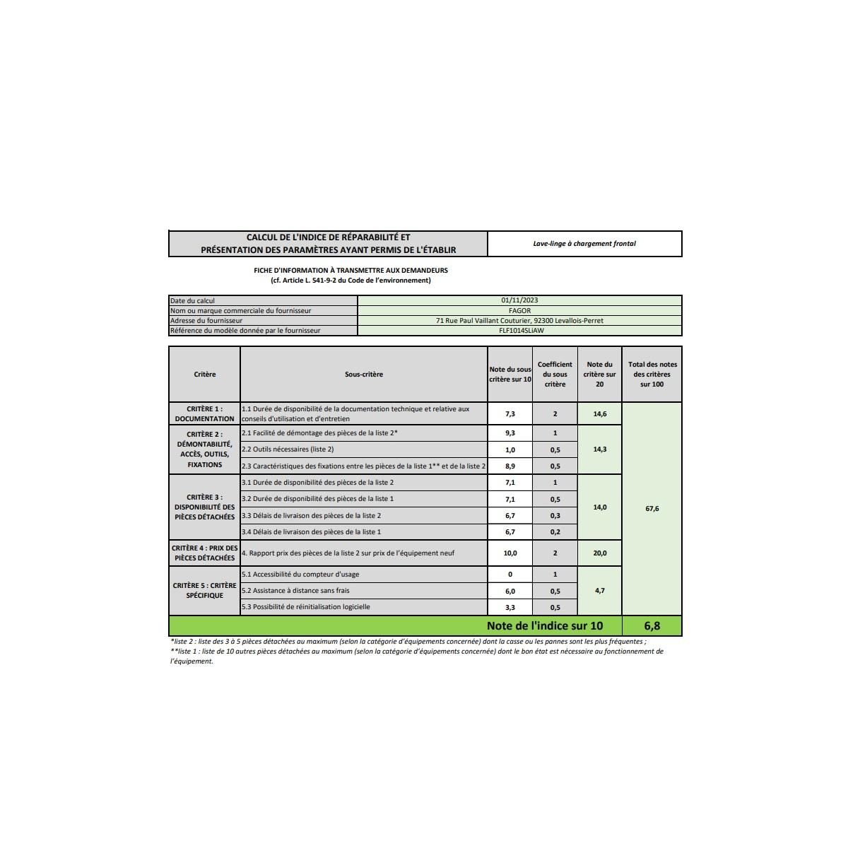 Fagor Lave-linge hublot 10kg 1400 tours/min - FLF1014SLIAW