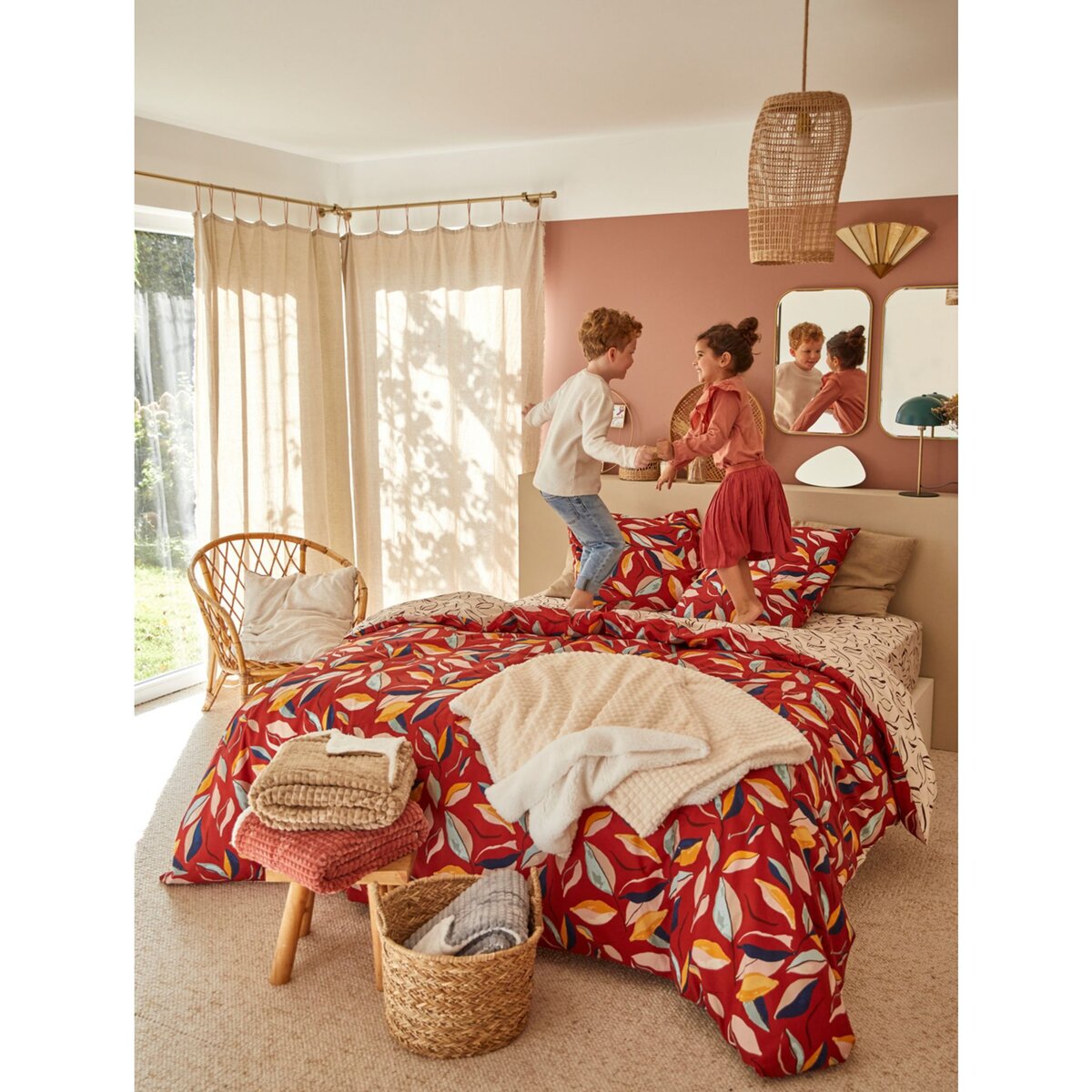 ACTUEL Parure housse de couette en percale de coton 70 fils motifs feuilles colorées