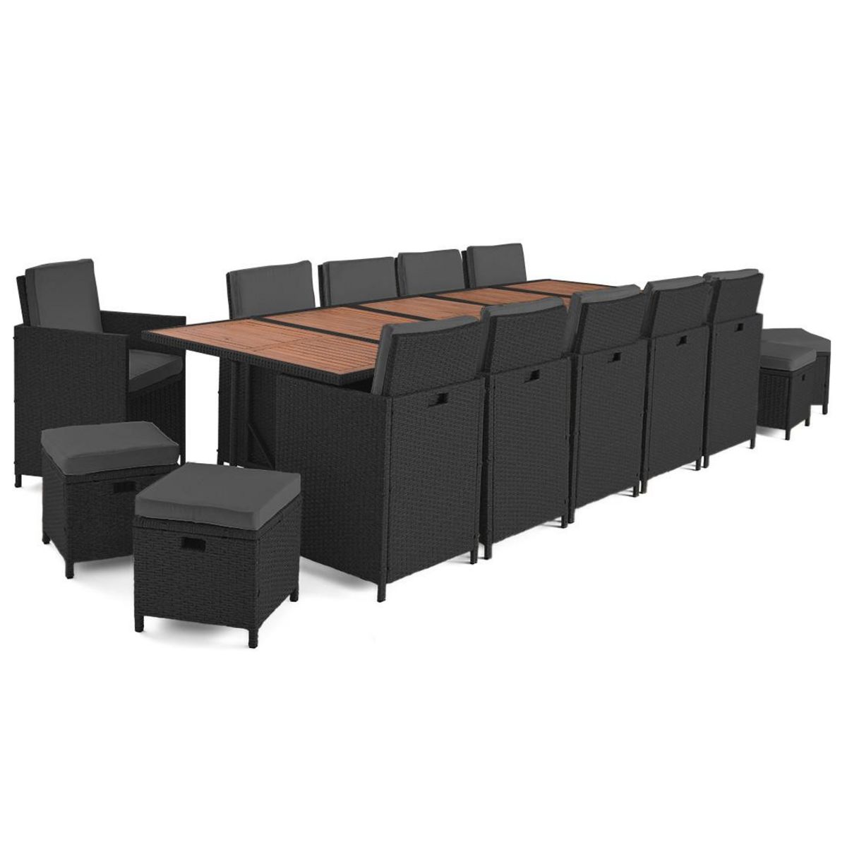 BEST MOBILIER Cuba – salon de jardin encastrable en résine tressé noir - 14 places - coussins gris + housse de protection