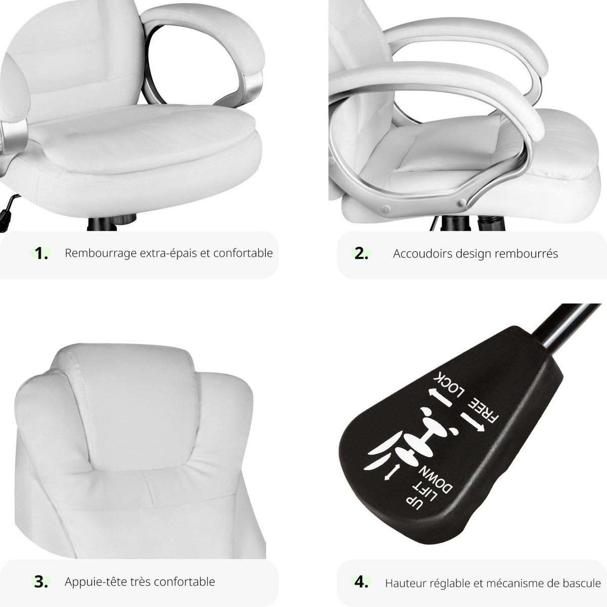 tectake Fauteuil de bureau rotatif à 360° et réglable en hauteur blanc