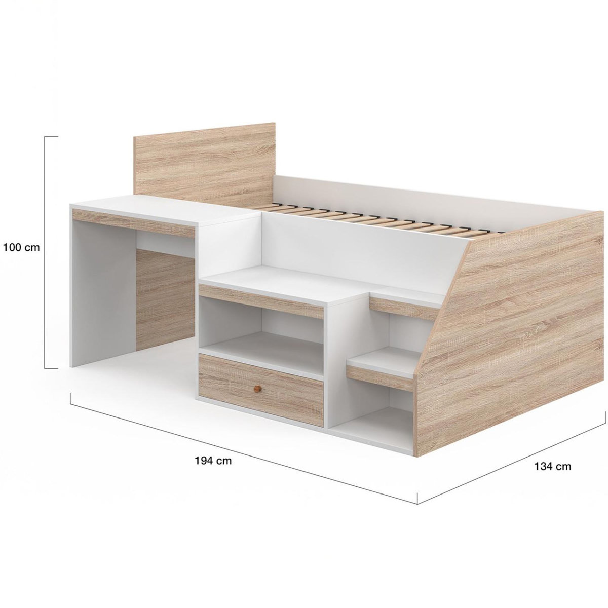 ID MARKET Lit combiné avec sommier, bureau et rangement LEOPOLD 90 x 190 cm hêtre et blanc