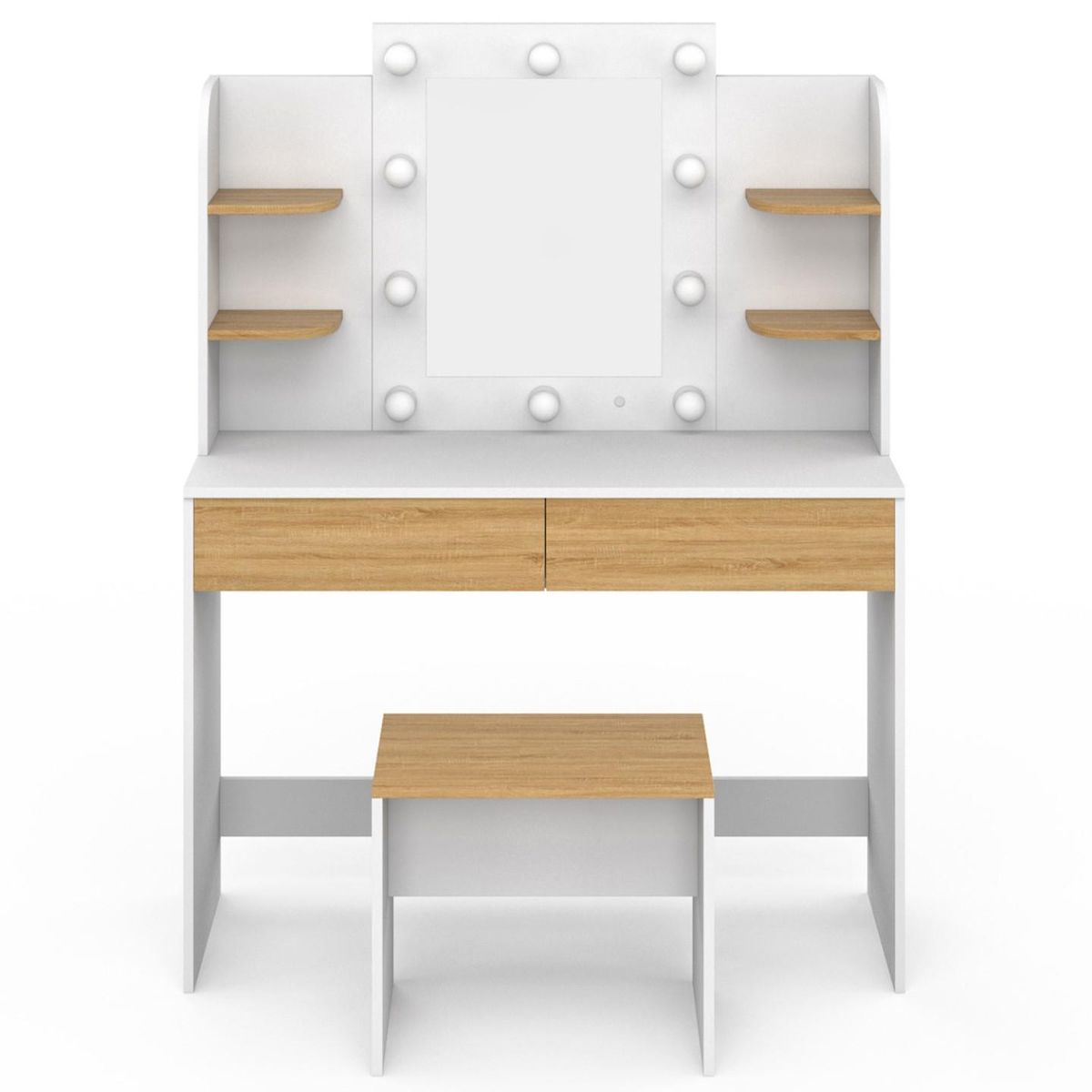 ID MARKET Coiffeuse ZELIA blanc et hêtre table de maquillage 4 étagères, miroir LED et tabouret