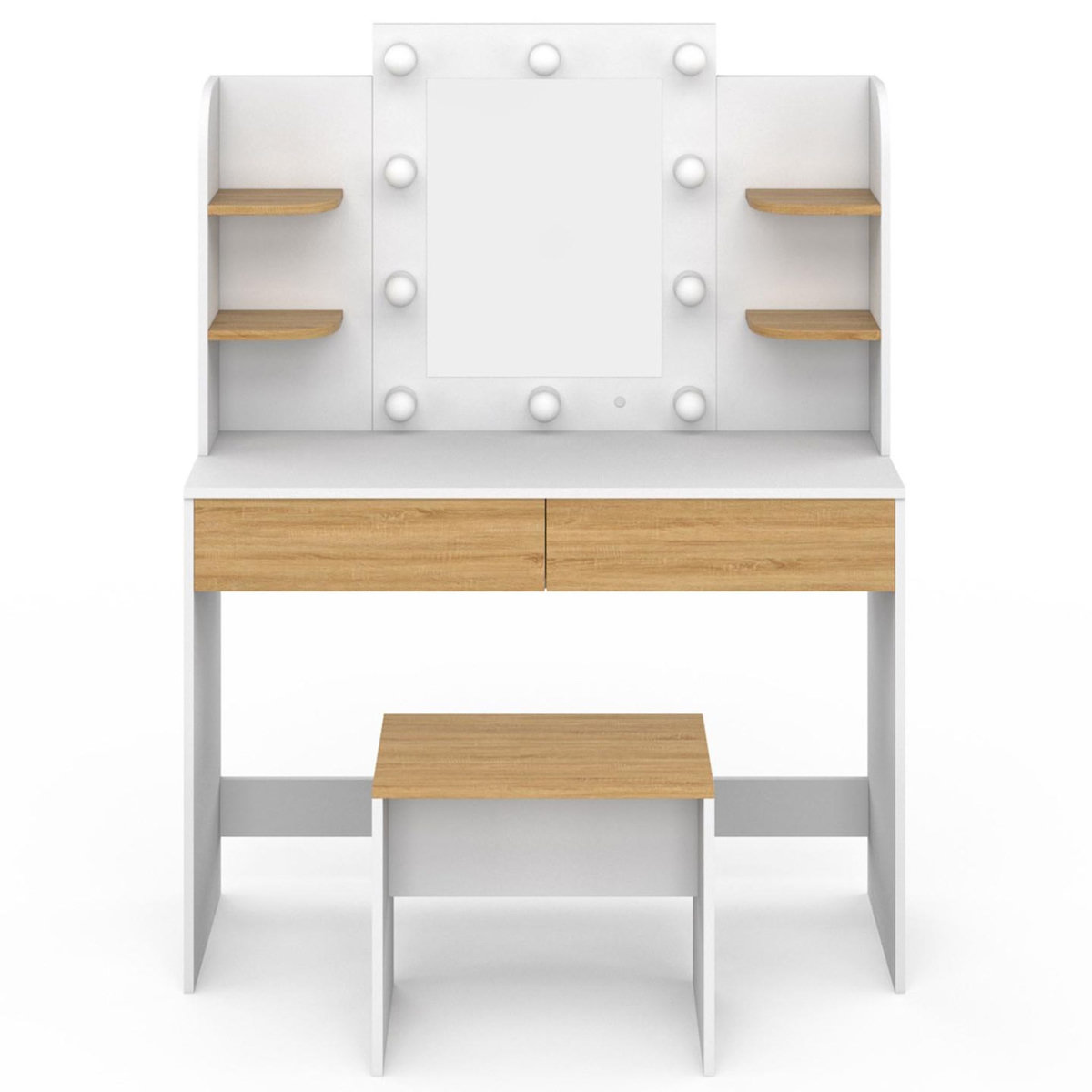 ID MARKET Coiffeuse ZELIA blanc et hêtre table de maquillage 4 étagères, miroir LED et tabouret