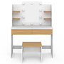 Voir la diapositive 3 : ID MARKET Coiffeuse ZELIA blanc et hêtre table de maquillage 4 étagères, miroir LED et tabouret