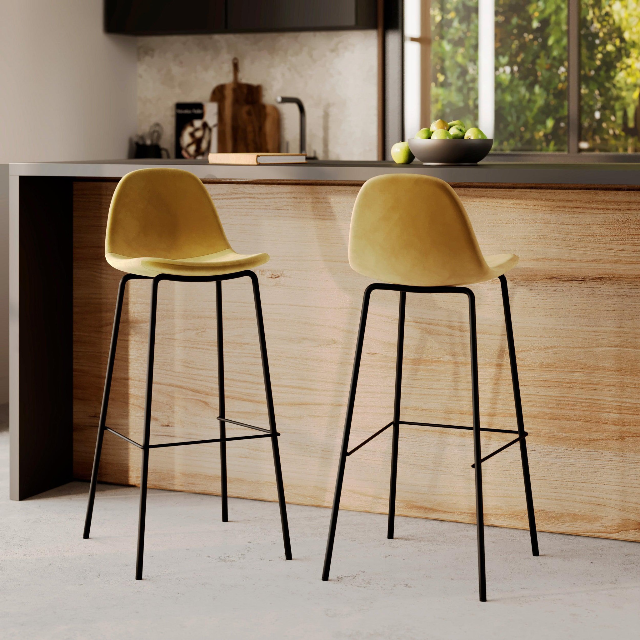 Voir la diapositive 2 : MAISON PAVANE Lot de 2 chaises de bar en velours jaune 75 cm-henrik
