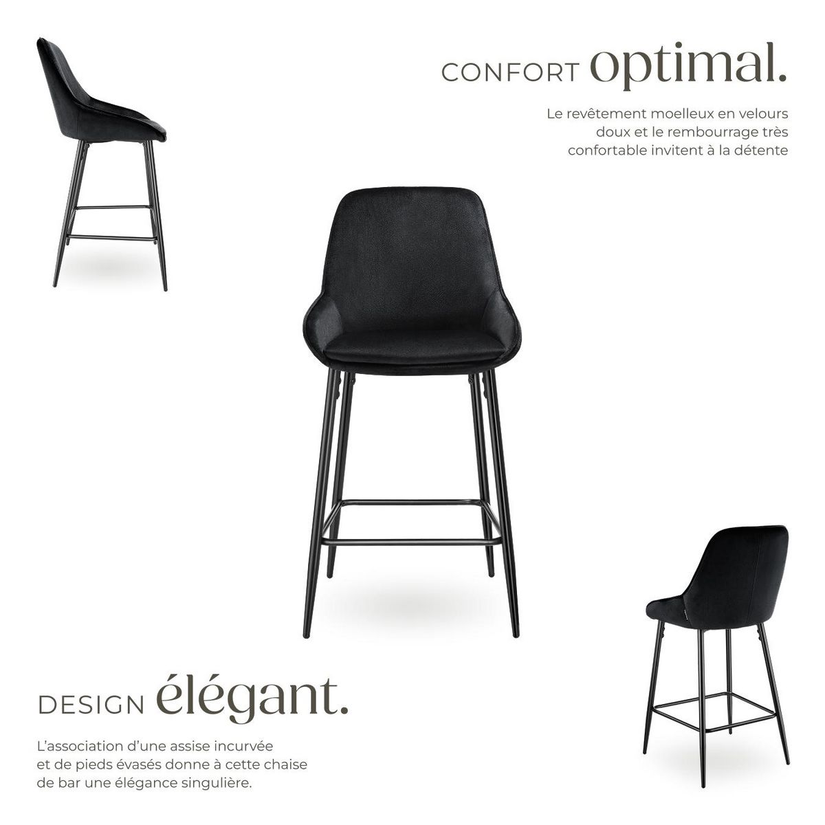 tectake Chaise de bar rembourrée avec une housse douce Aspect velours noir/noir Ensemble de 2 pièces