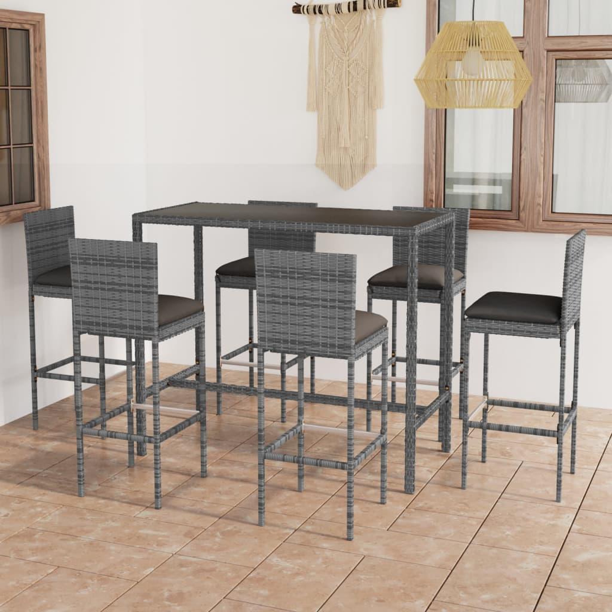Voir la diapositive 1 : VIDAXL Ensemble de bar de jardin 7 pcs et coussins Resine tressee Gris