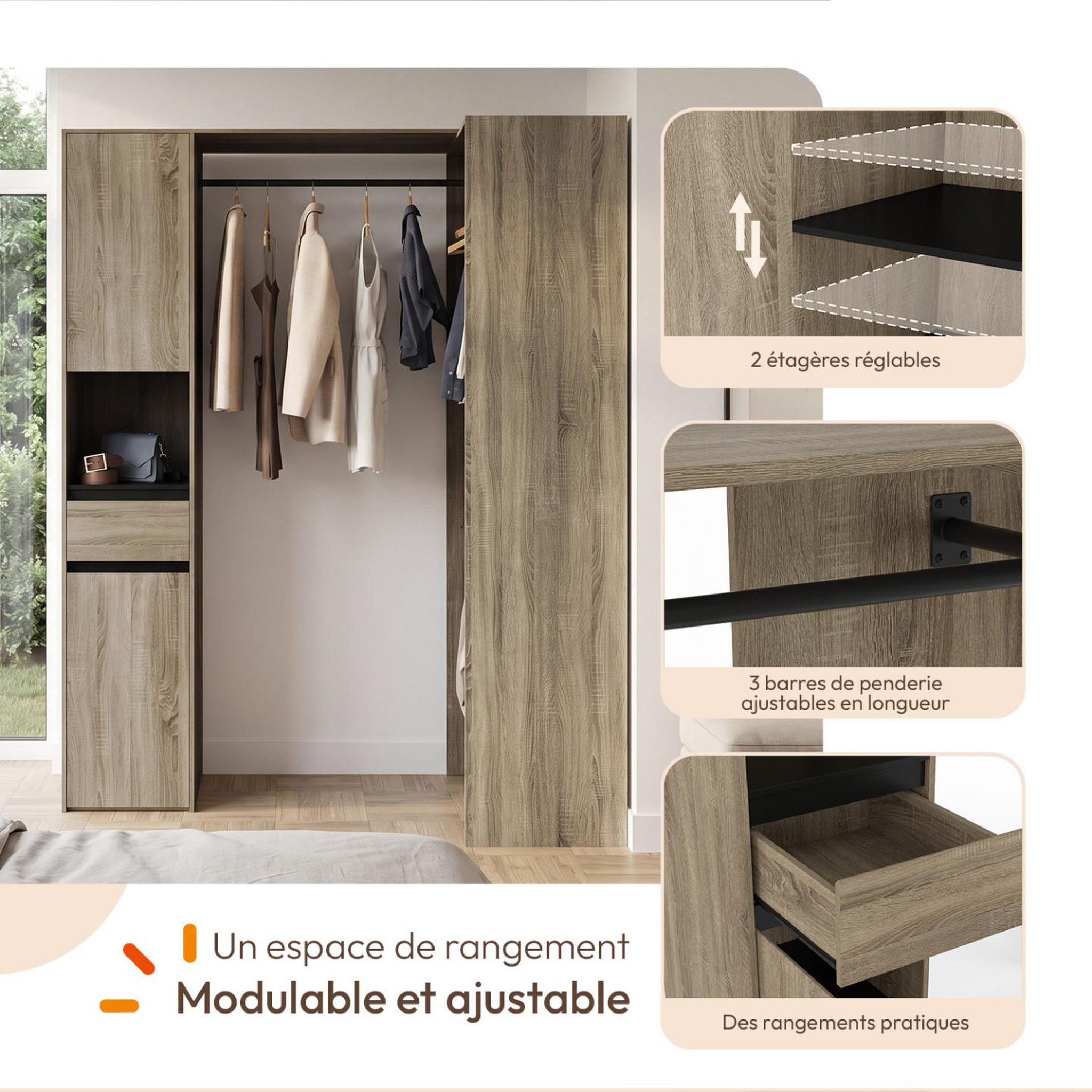Voir la diapositive 4 : ID MARKET Dressing d'angle modulable l. 145 / 203 cm melman triple penderie + portes + tiroir + étagères bois et noir