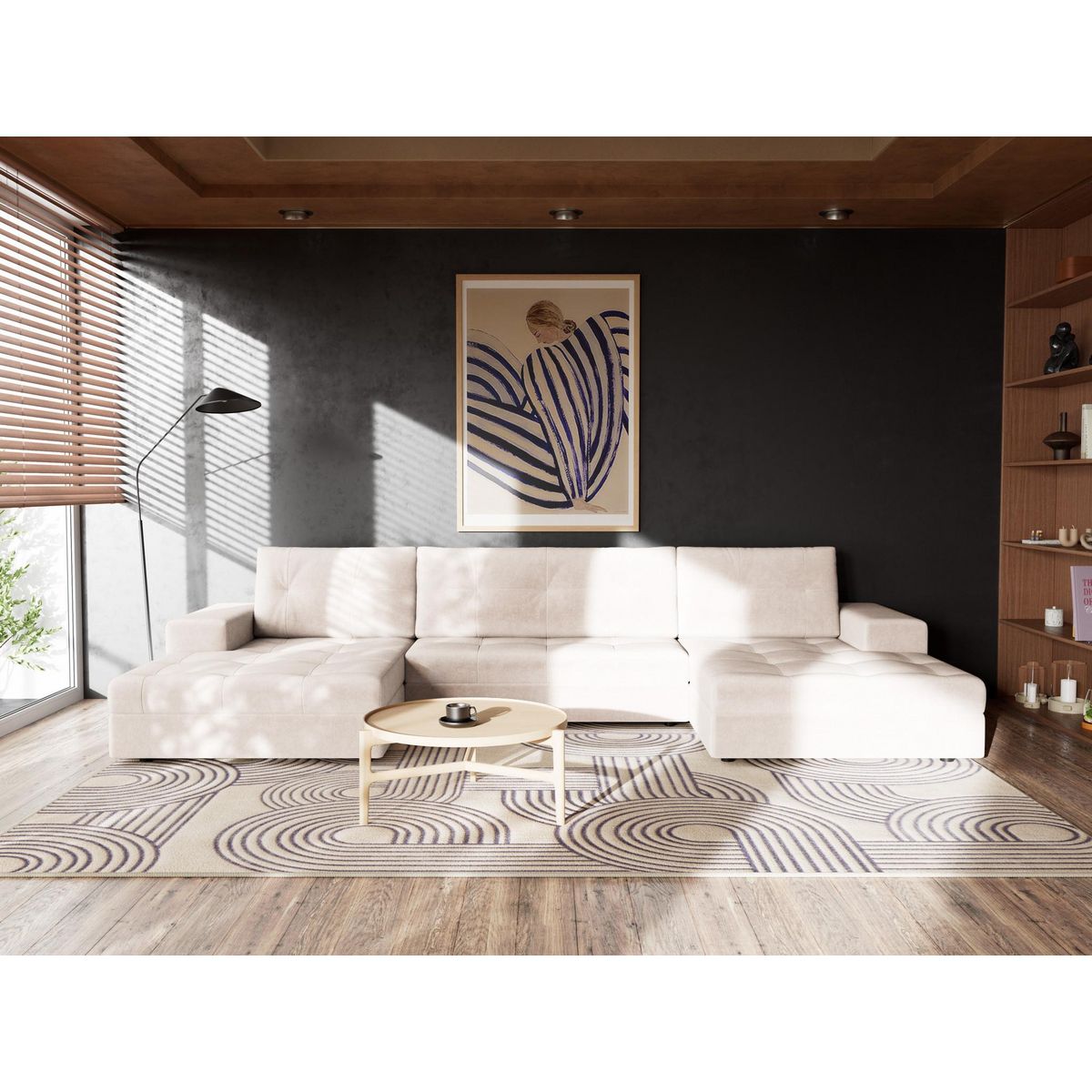 BEST MOBILIER Bastian - canapé panoramique en u 7 places convertible avec coffre en velours texturé