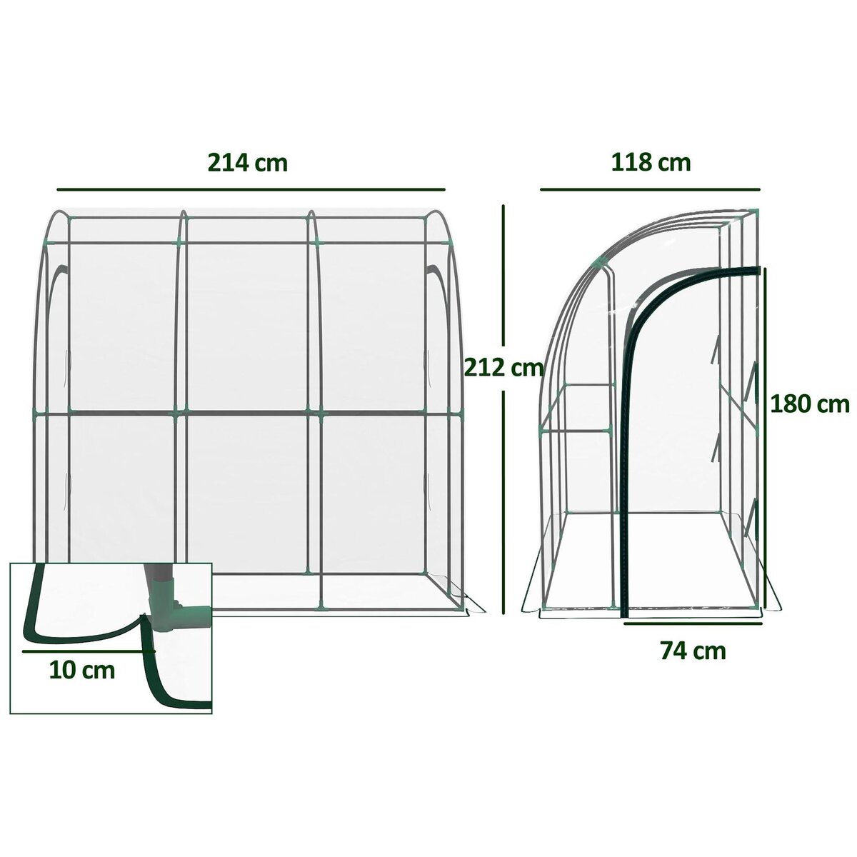 OUTSUNNY Serre de jardin adossée serre adossée dim. 2,14L x 1,18l x 2,12H m 2 portes zippées enroulables acier PVC transparent
