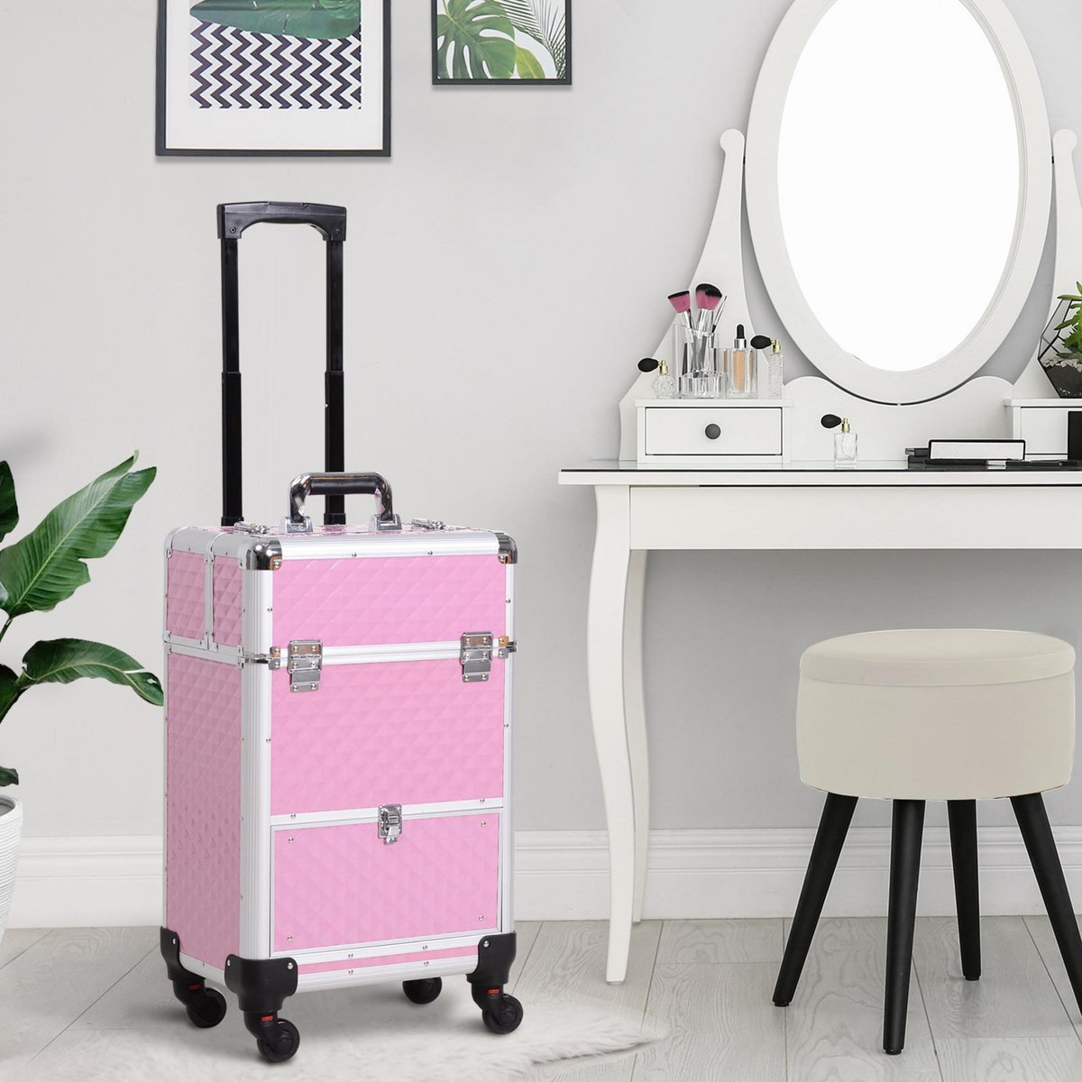 HOMCOM Valise trolley maquillage mallette cosmétique vanity poignée télescopique réglable 34L x 25l x 62H cm alu.