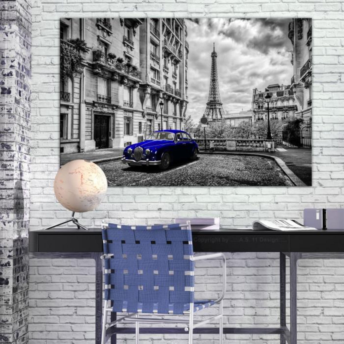 Paris Prix Tableau Imprimé  Car in Paris Blue Wide