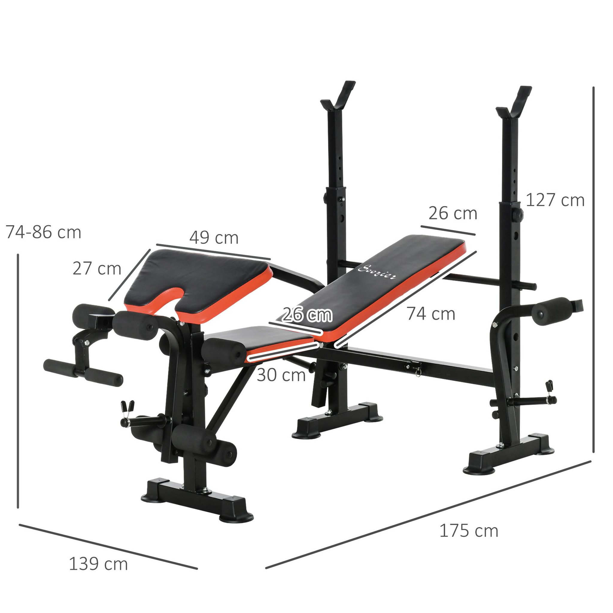 Voir la diapositive 3 : HOMCOM Banc de musculation fitness entrainement complet avec support d'haltères dossier réglable acier noir rouge