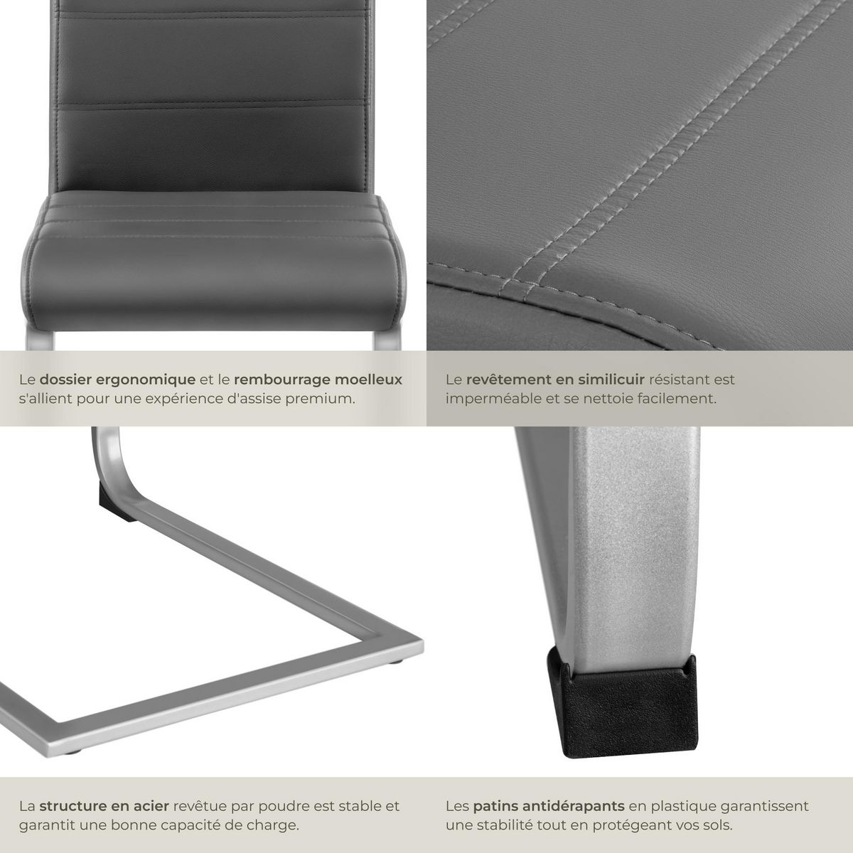 tectake Ensemble de chaises de salle à manger rembourré avec revêtement aspect cuir gris Lot de 8