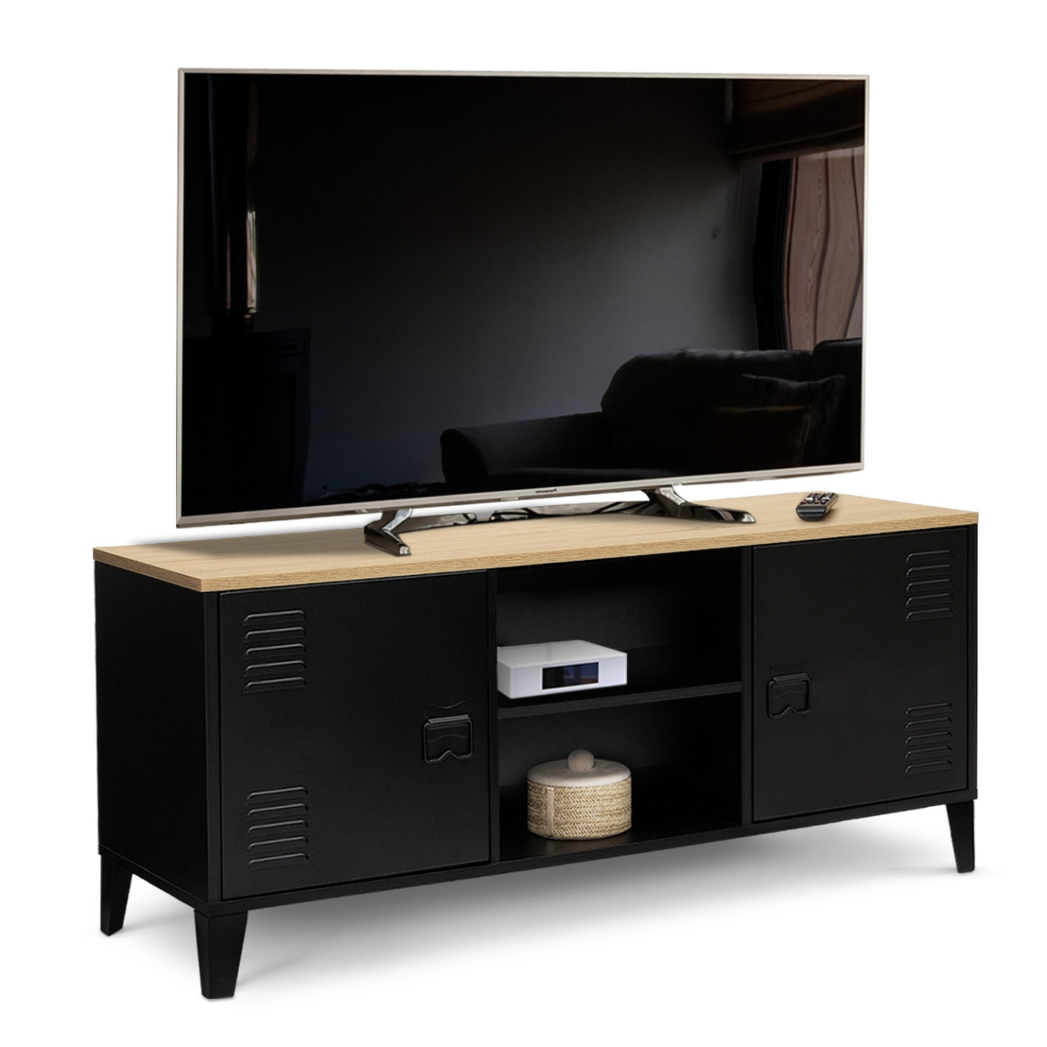 ID MARKET Meuble tv 113 cm ester 2 portes métal noir et plateau bois design industriel
