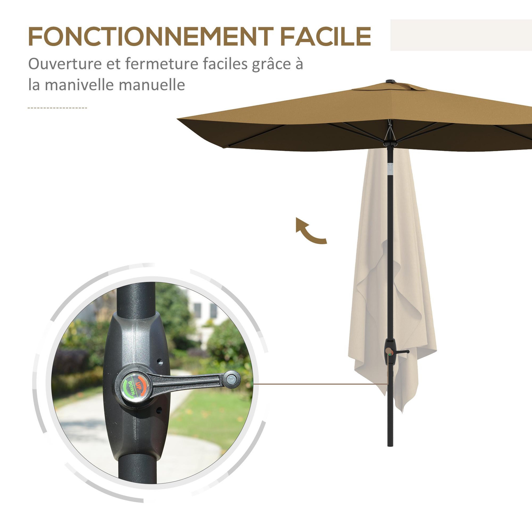 Voir la diapositive 5 : OUTSUNNY Parasol rectangulaire inclinable de jardin avec manivelle métal polyester haute densité anti UV 50+ chocolat