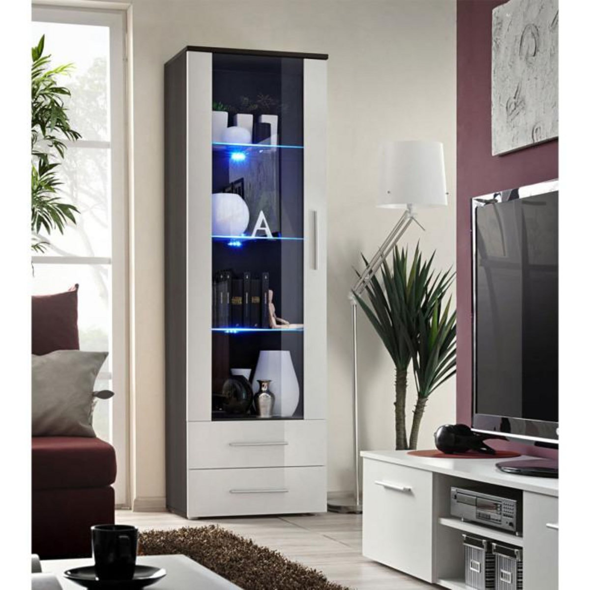Paris Prix Vitrine LED Design  Neo  190cm Wengé & Blanc Brillant