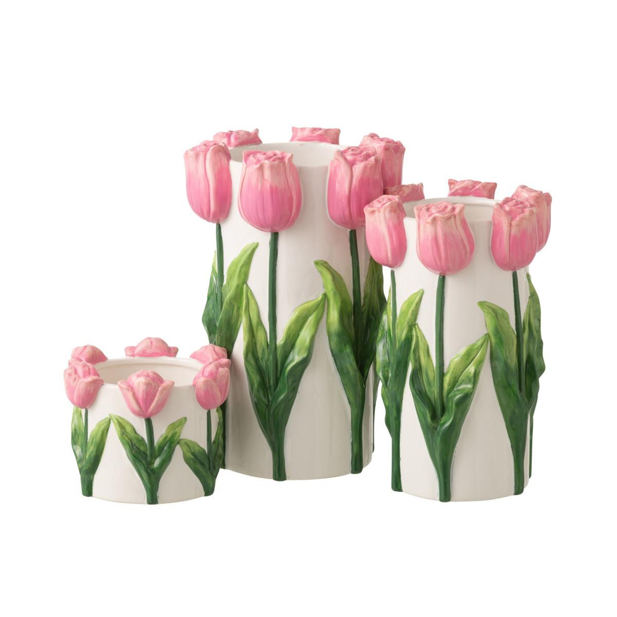 Voir la diapositive 2 : J-LINE Vase tulipes en céramique  bulbe  36cm blanc & rose