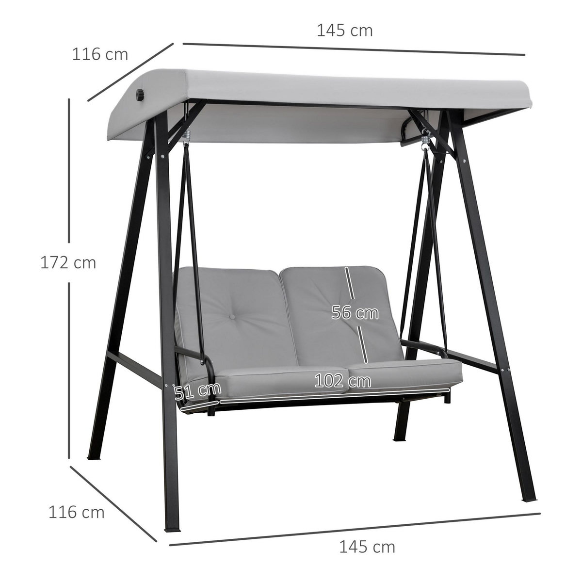 OUTSUNNY Balancelle de jardin 2 places grand confort coussins d'assise et dossier fournis accoudoirs pare-soleil gris