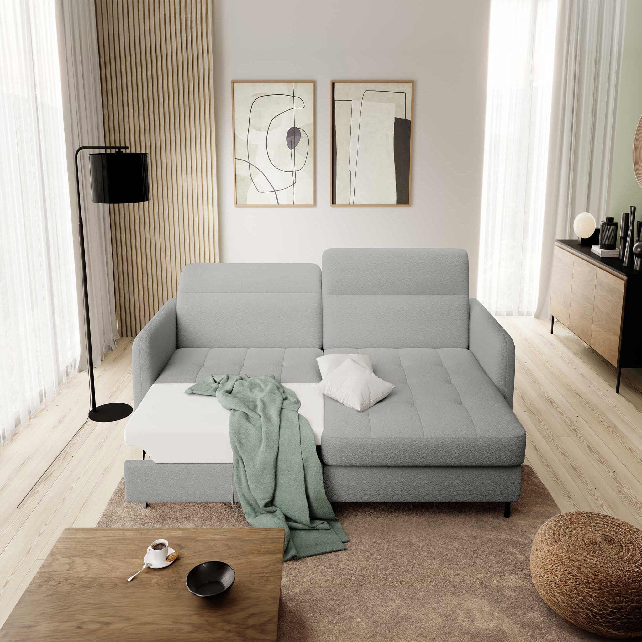 Voir la diapositive 2 : BEST MOBILIER Sagada - canapé d'angle droit 4 places - convertible avec coffre et têtières - en tissu bouclette