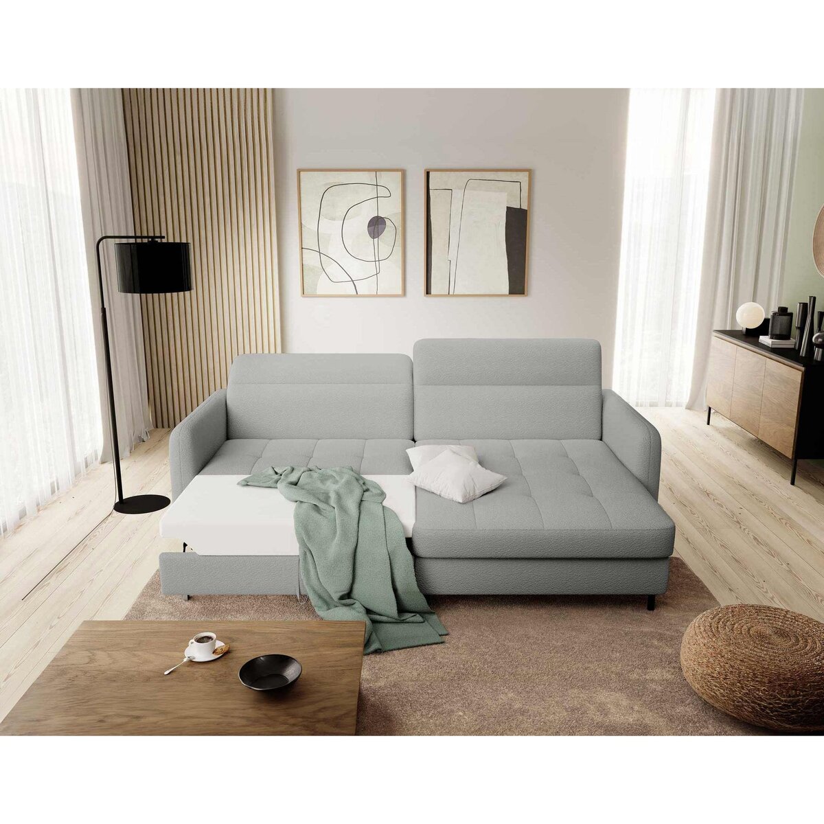 BEST MOBILIER Sagada - canapé d'angle droit 4 places - convertible avec coffre et têtières - en tissu bouclette