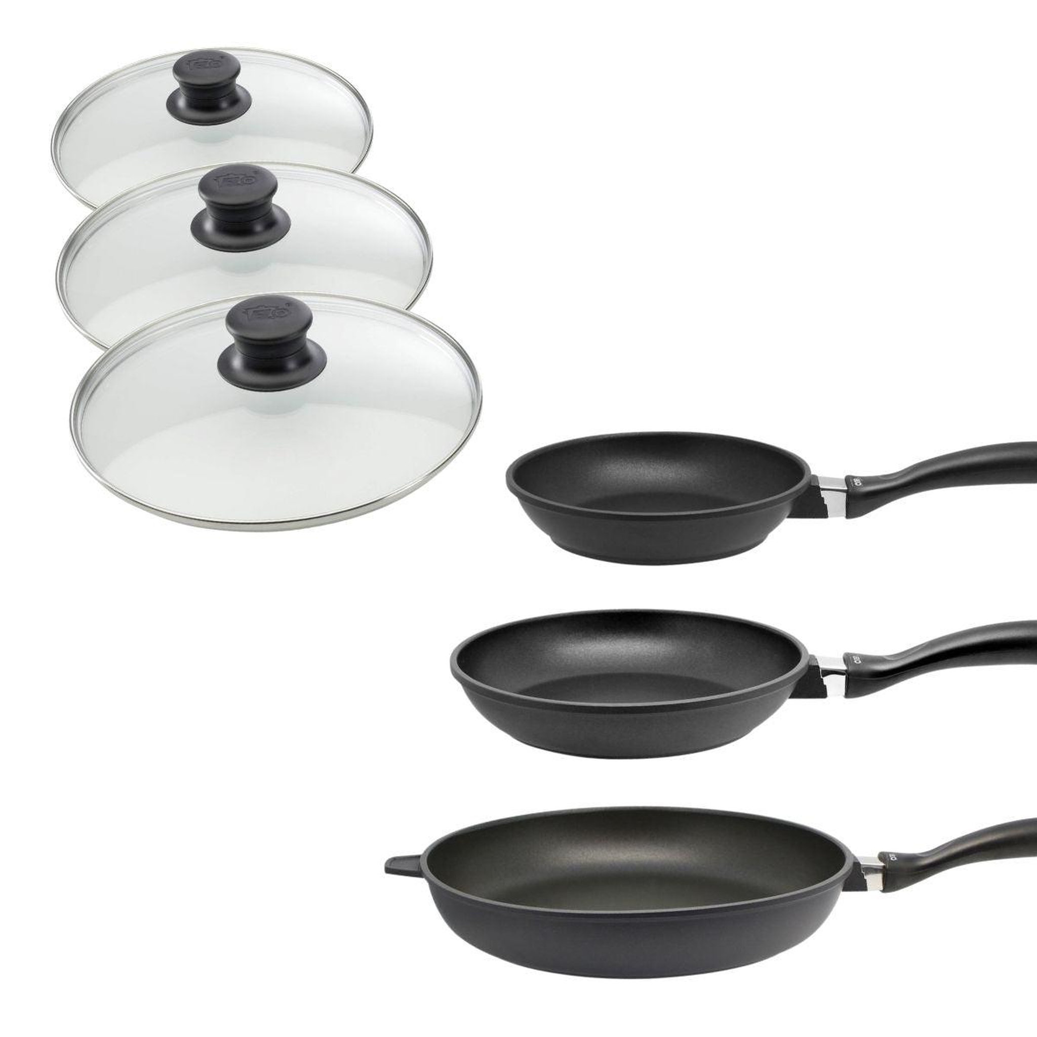 ELO Set de 3 poêles 24 cm 28 cm et 32 cm et couvercles sans pfas elo alucast