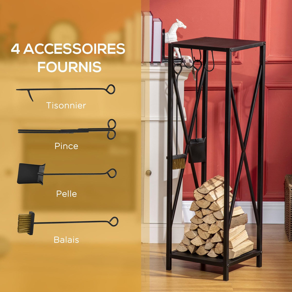 OUTSUNNY Serviteur de cheminée colonne - porte bûches - range bûches multi accessoires dim. 34L x 34l x 111H cm métal noir