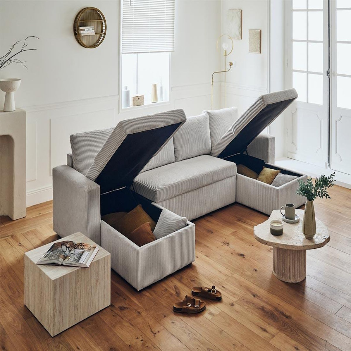 BEST MOBILIER Cyrus - canapé panoramique en u - 7 places - convertible avec coffre - en velours côtelé