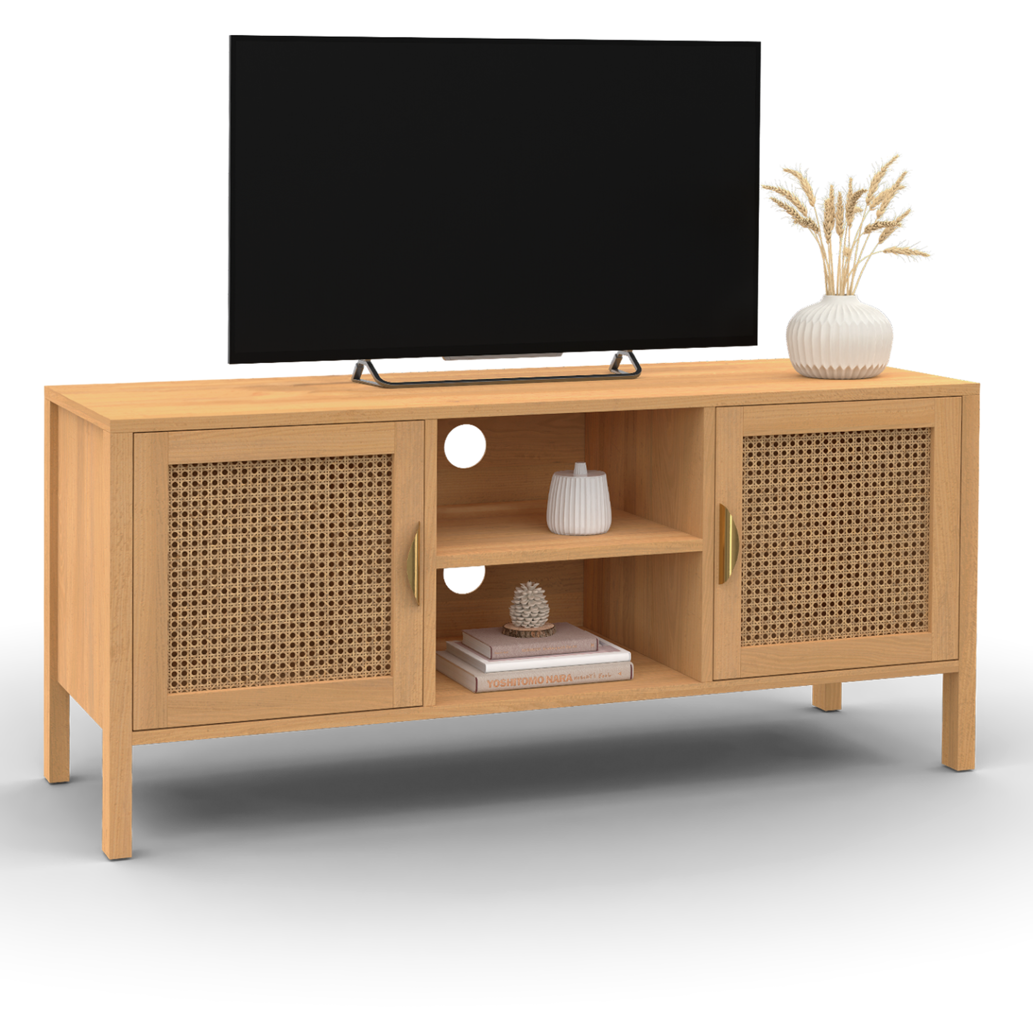 ID MARKET Meuble tv 110 cm edhen 2 portes bois et cannage