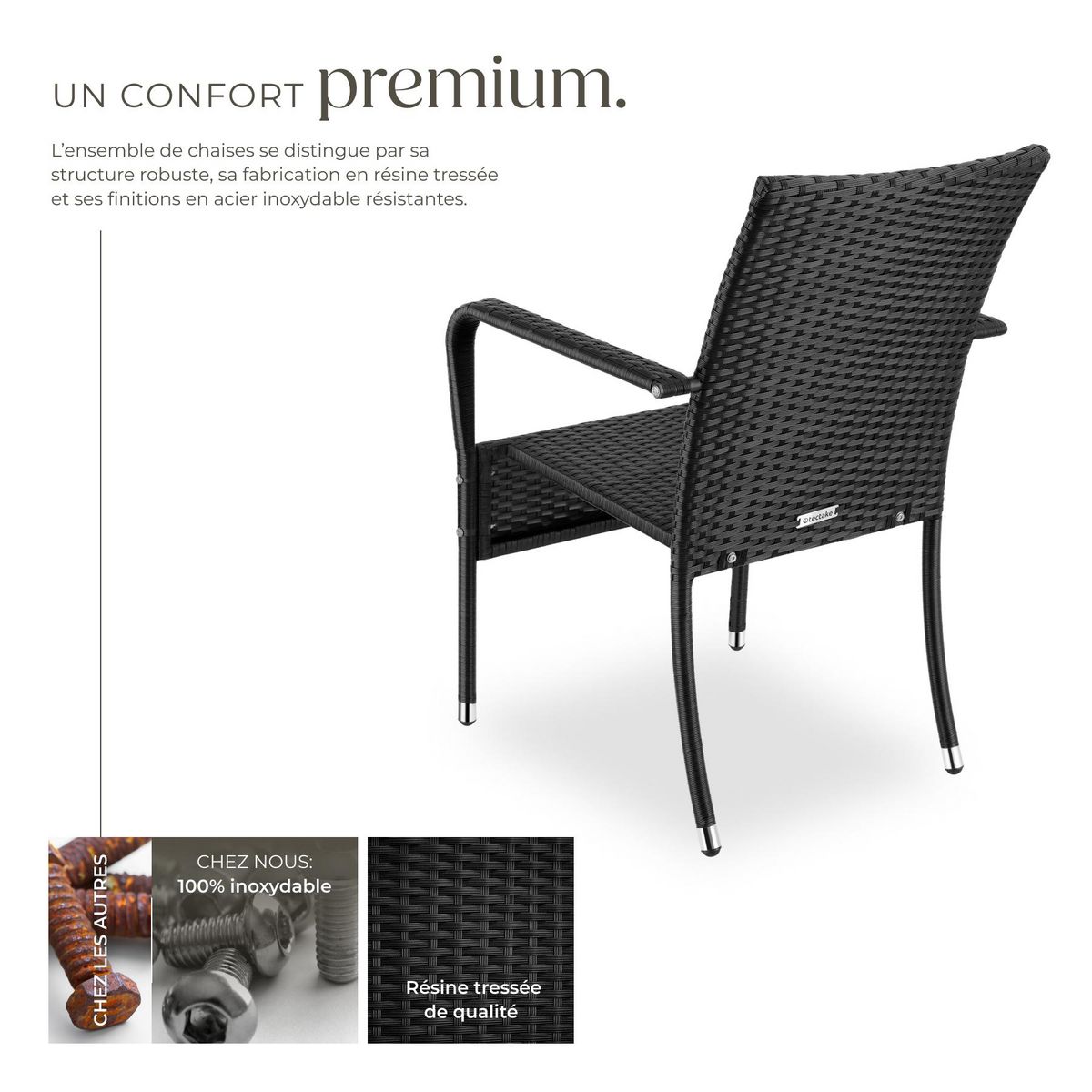 tectake Chaise en résine tressée résistante et durable noir 4 pièces