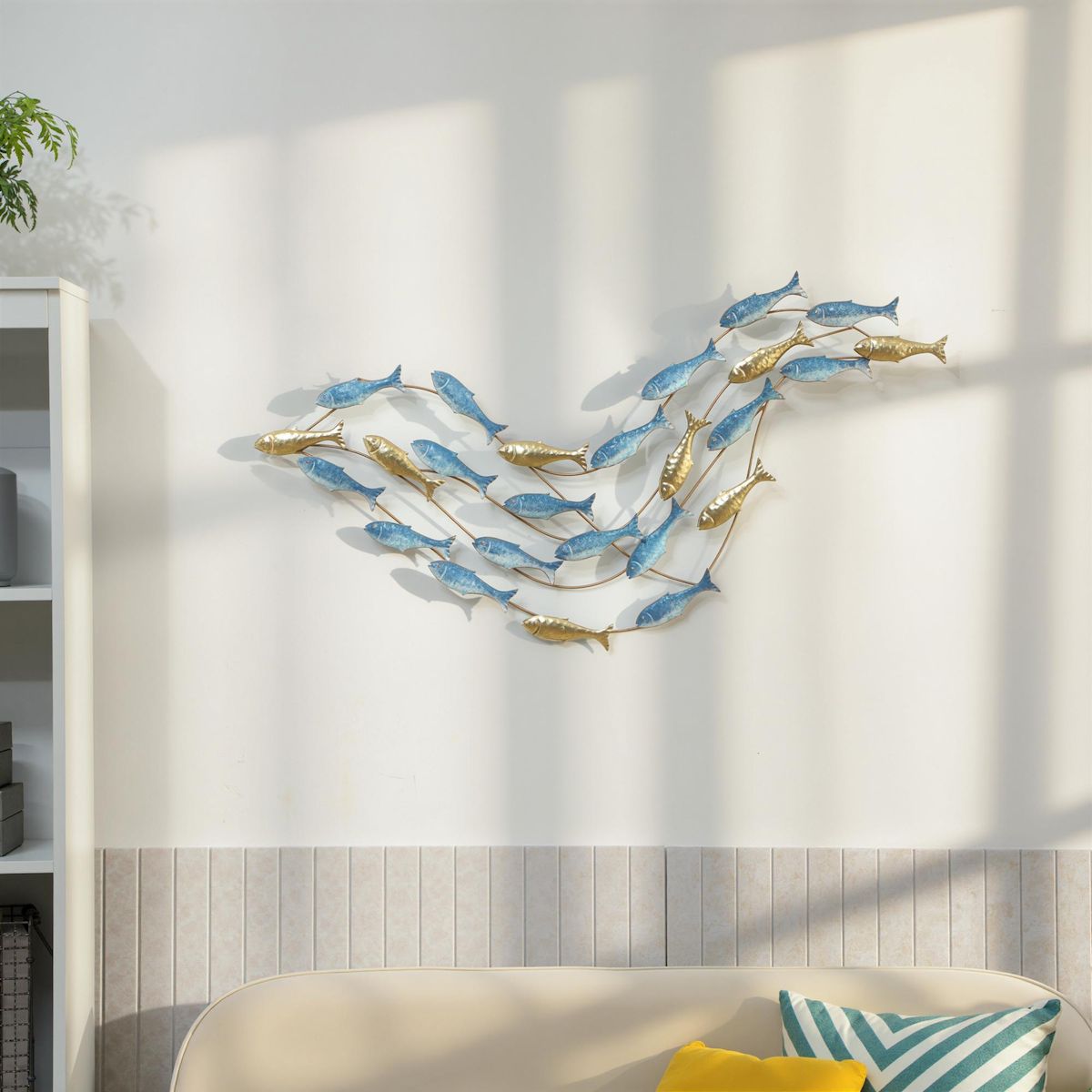 HOMCOM Décoration murale métal doré et bleu - Déco murale poissons - 100 x 50 cm