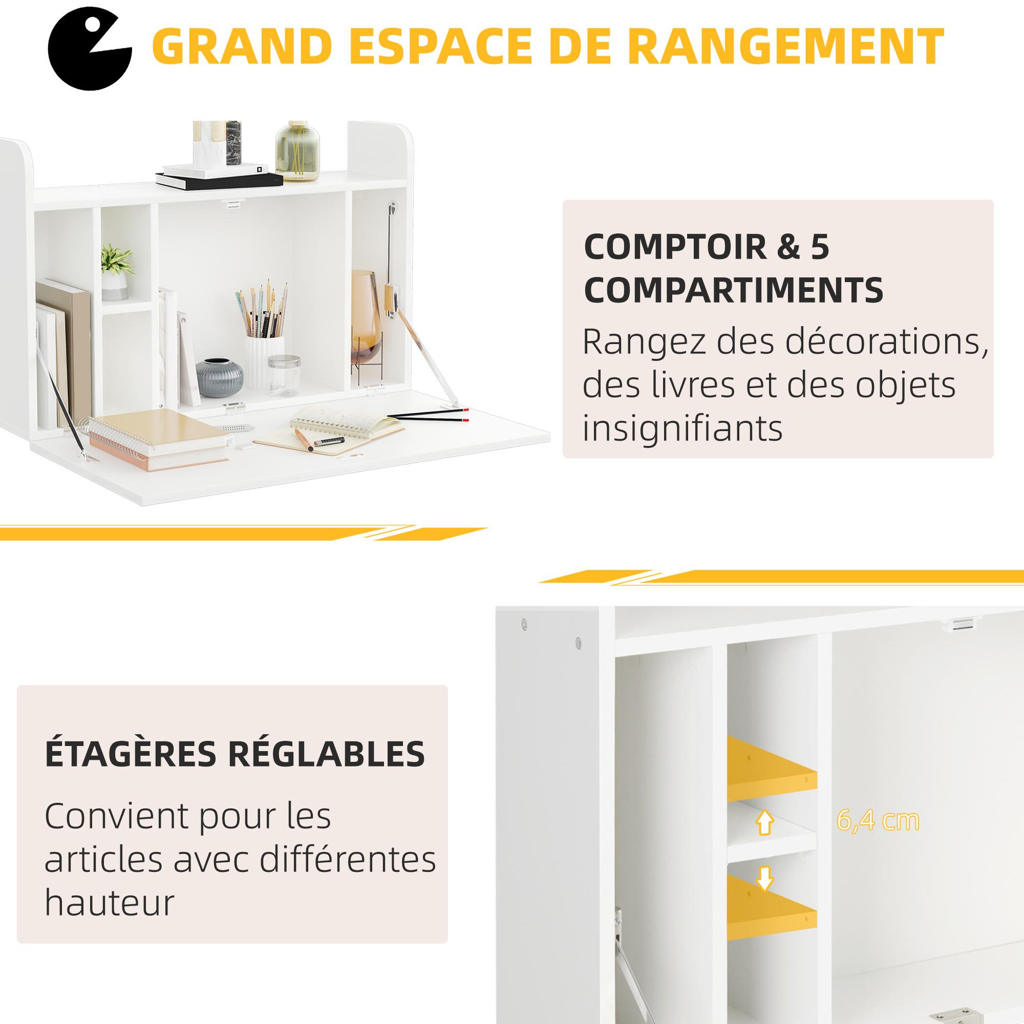 Voir la diapositive 6 : HOMCOM Bureau mural pliable - table murale rabattable - 5 niches, étagère - panneaux particules blanc