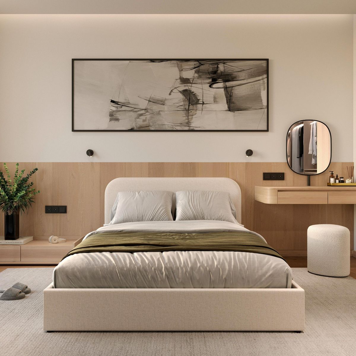 Rendez vous déco Lit double avec coffre 140x190 cm en tissu gris/beige - Tilly