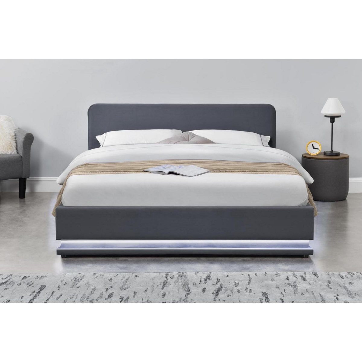 CONCEPT USINE Structure de lit avec LED 160 x 200 cm en velours gris NEWYORK