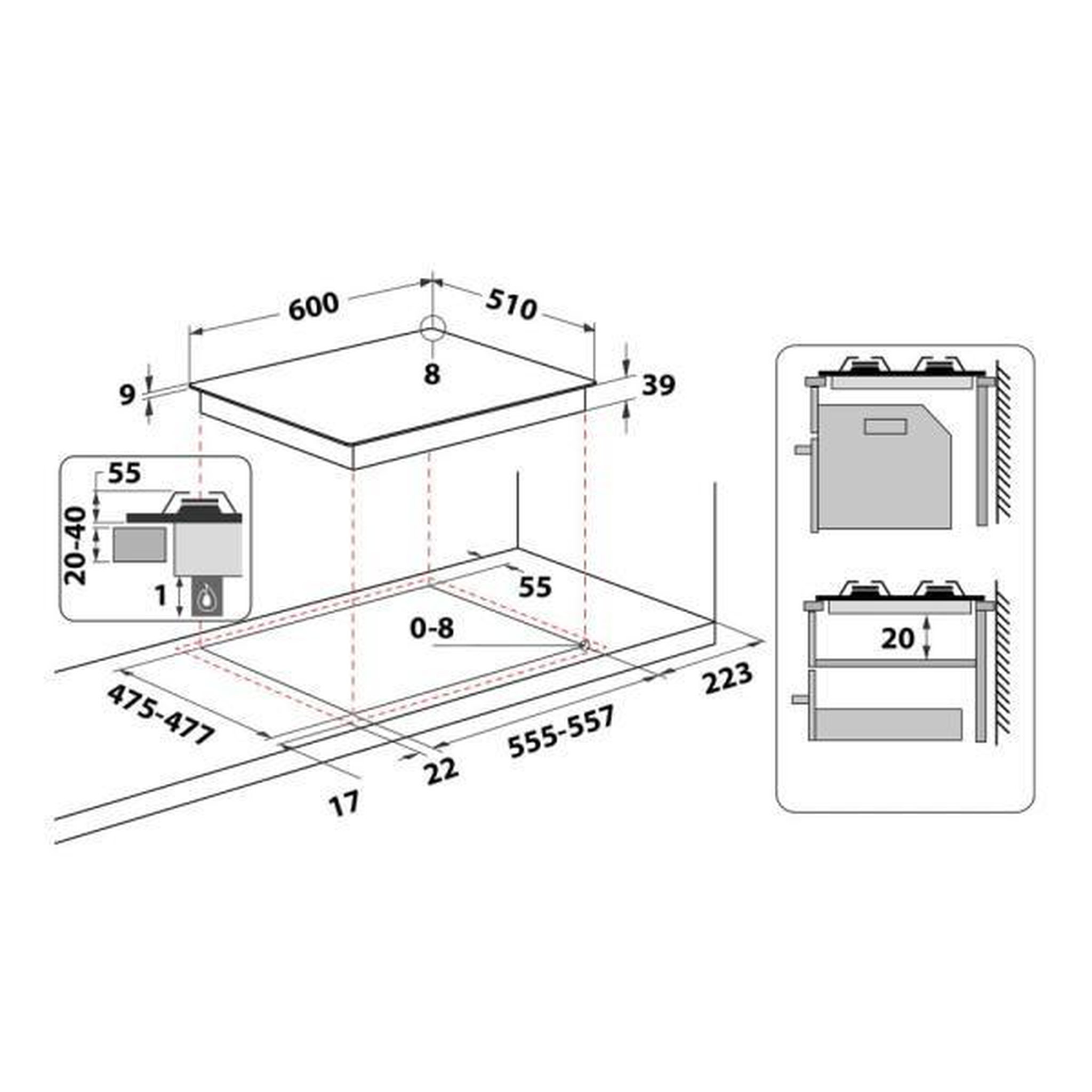 Voir la diapositive 2 : HOTPOINT Plaque de cuisson - table a gaz  - hotpoint - 4 foyers - l 60 x p51 cm - pnn 641 ix