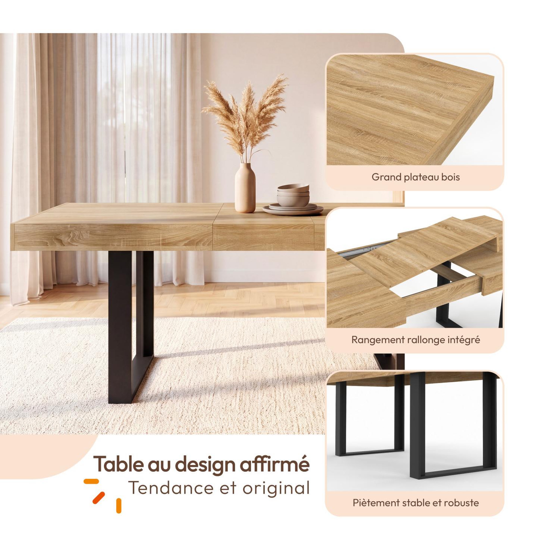 Voir la diapositive 3 : ID MARKET Ensemble table à manger extensible rectangle PHOENIX 4-8 personnes bois et noir 160 - 200 cm et 6 chaises MILA en velours noir