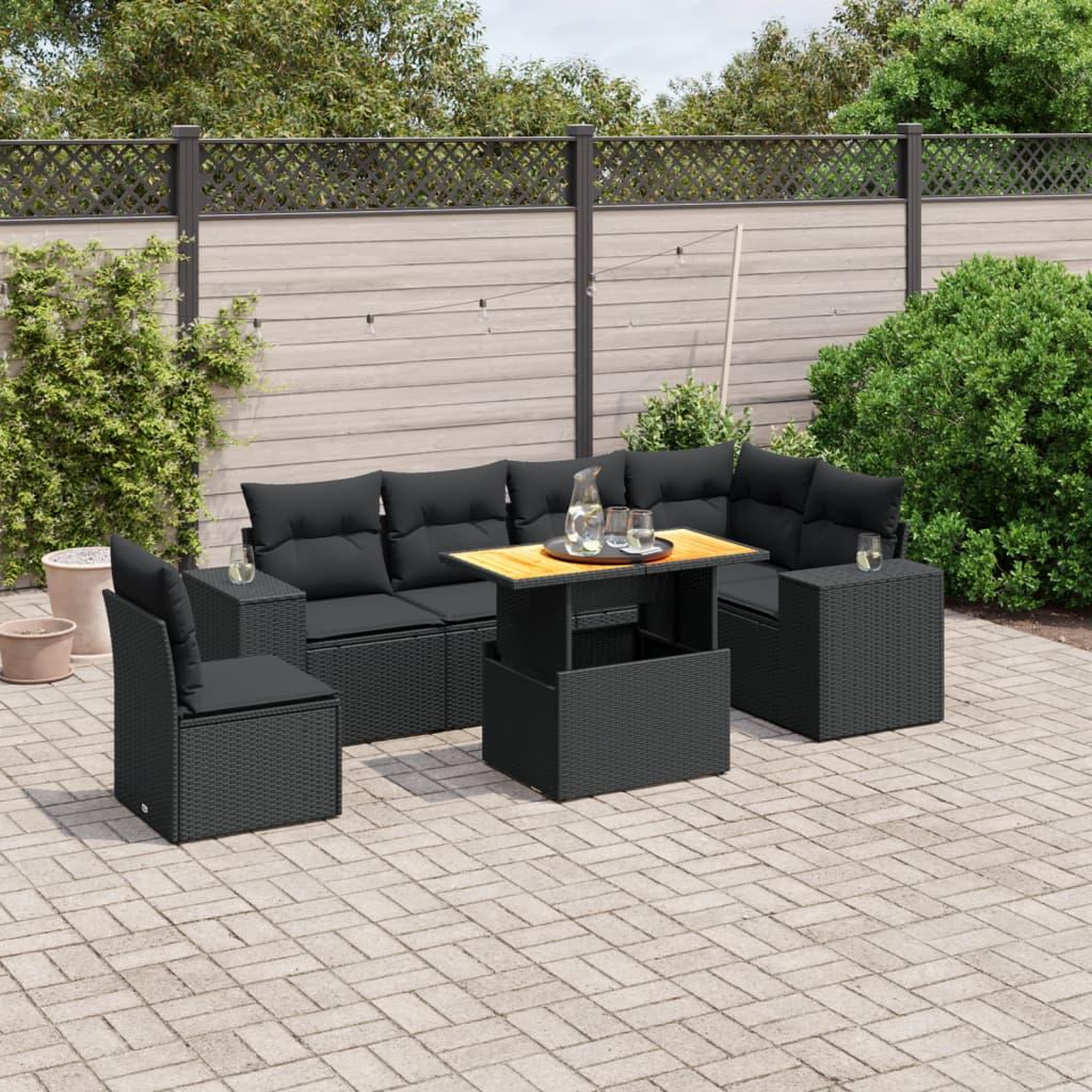 VIDAXL Salon de jardin 7 pcs avec coussins noir resine tressee