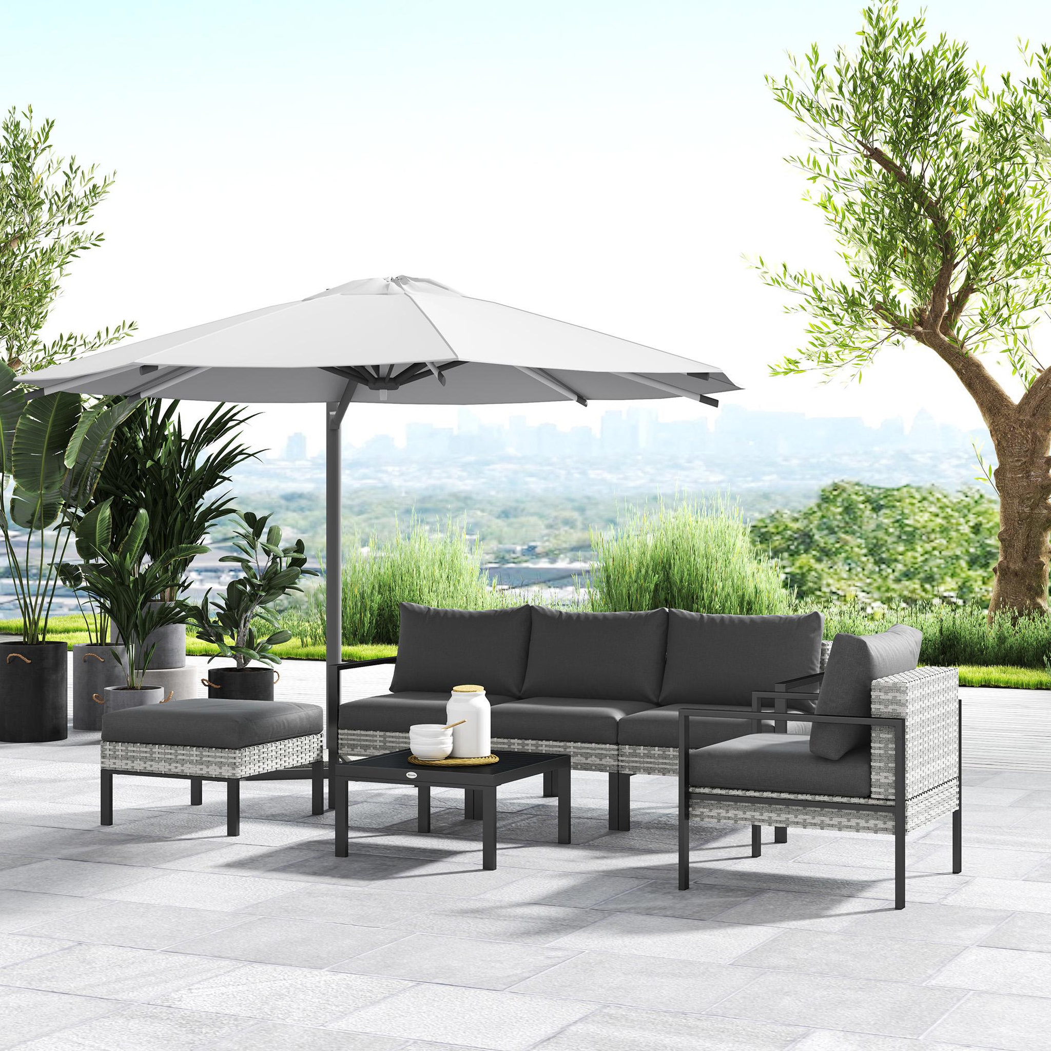 Voir la diapositive 4 : OUTSUNNY Ensemble salon de jardin 5 places 4 pièces coussins anthracite métal époxy noir résine tressée 2 fils gris