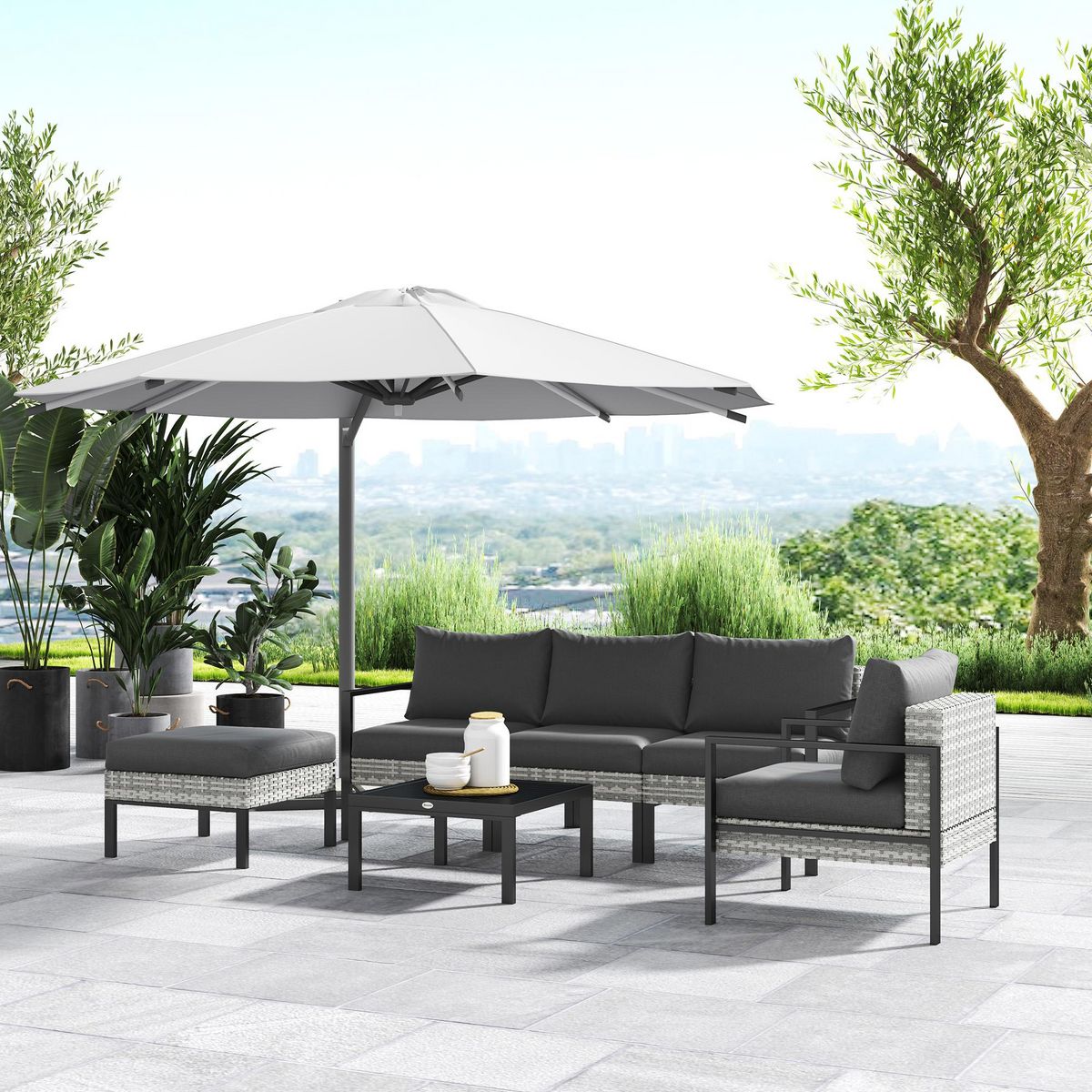 OUTSUNNY Ensemble salon de jardin 5 places 4 pièces coussins anthracite métal époxy noir résine tressée 2 fils gris