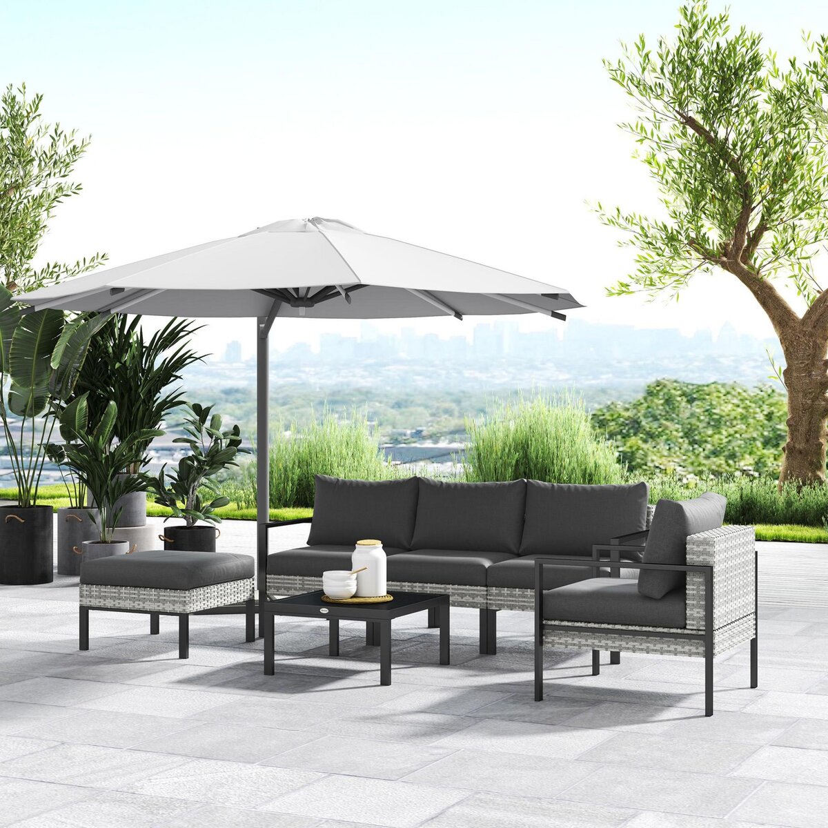 OUTSUNNY Ensemble salon de jardin 5 places 4 pièces coussins anthracite métal époxy noir résine tressée 2 fils gris